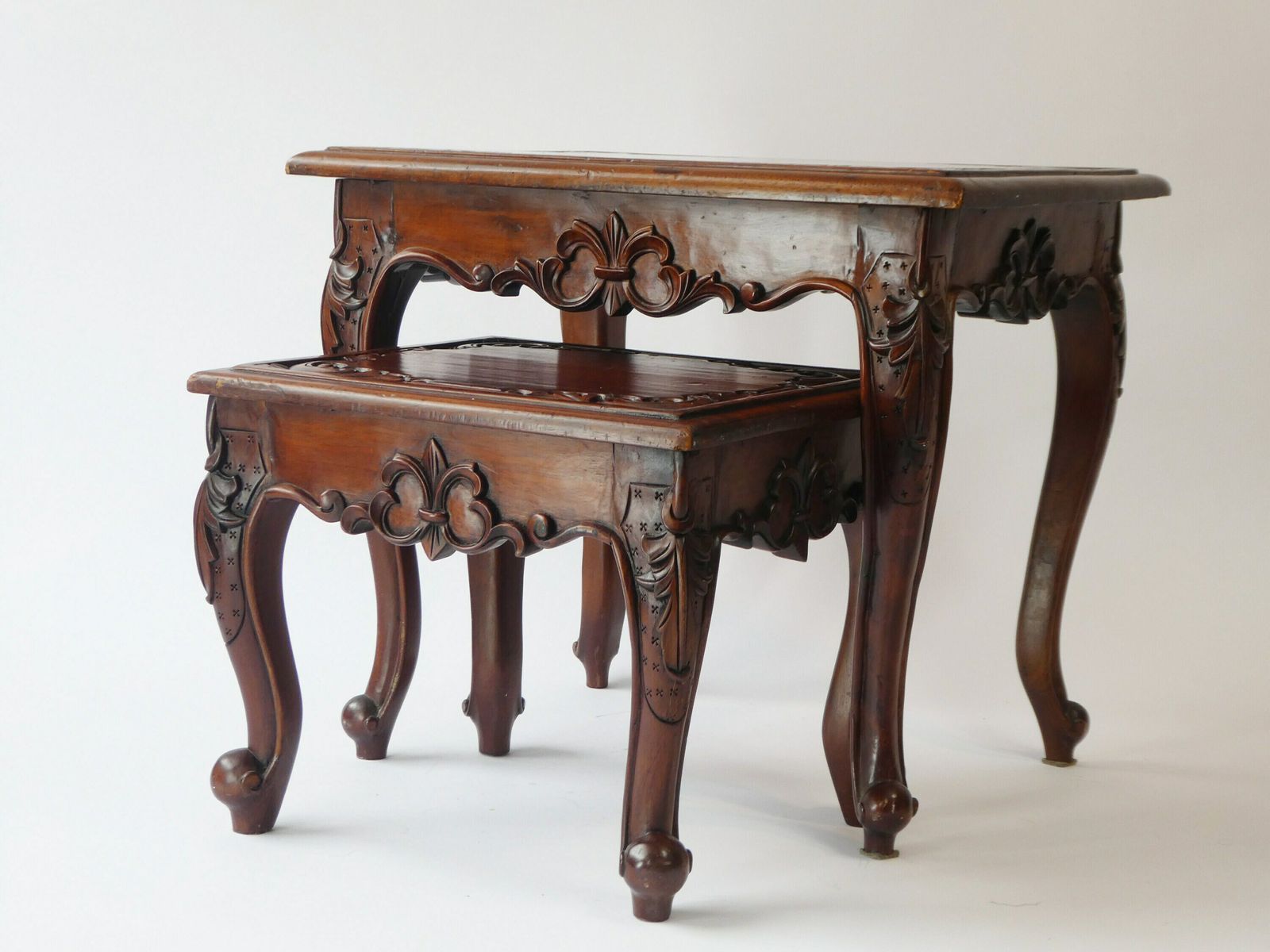 Vintage Asian Carved Wooden Nesting Tables, Chinese Side Tables With Floral Design photo for sale
