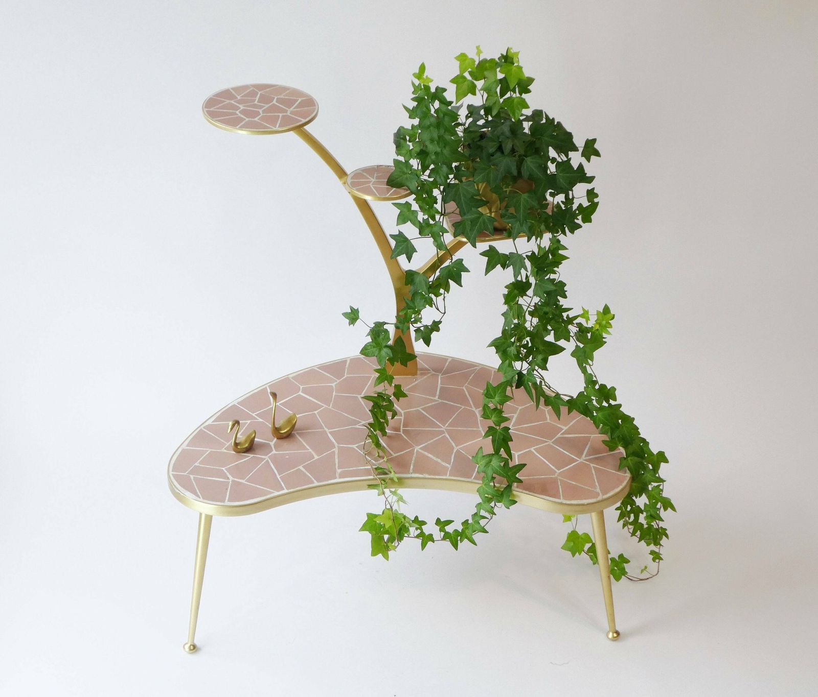 Rare Mid Century Pink Plant Stand With Ceramic Tiles And Golden Rim, Vintage German Side Flower Table, Atomic Kindey Table photo furniture