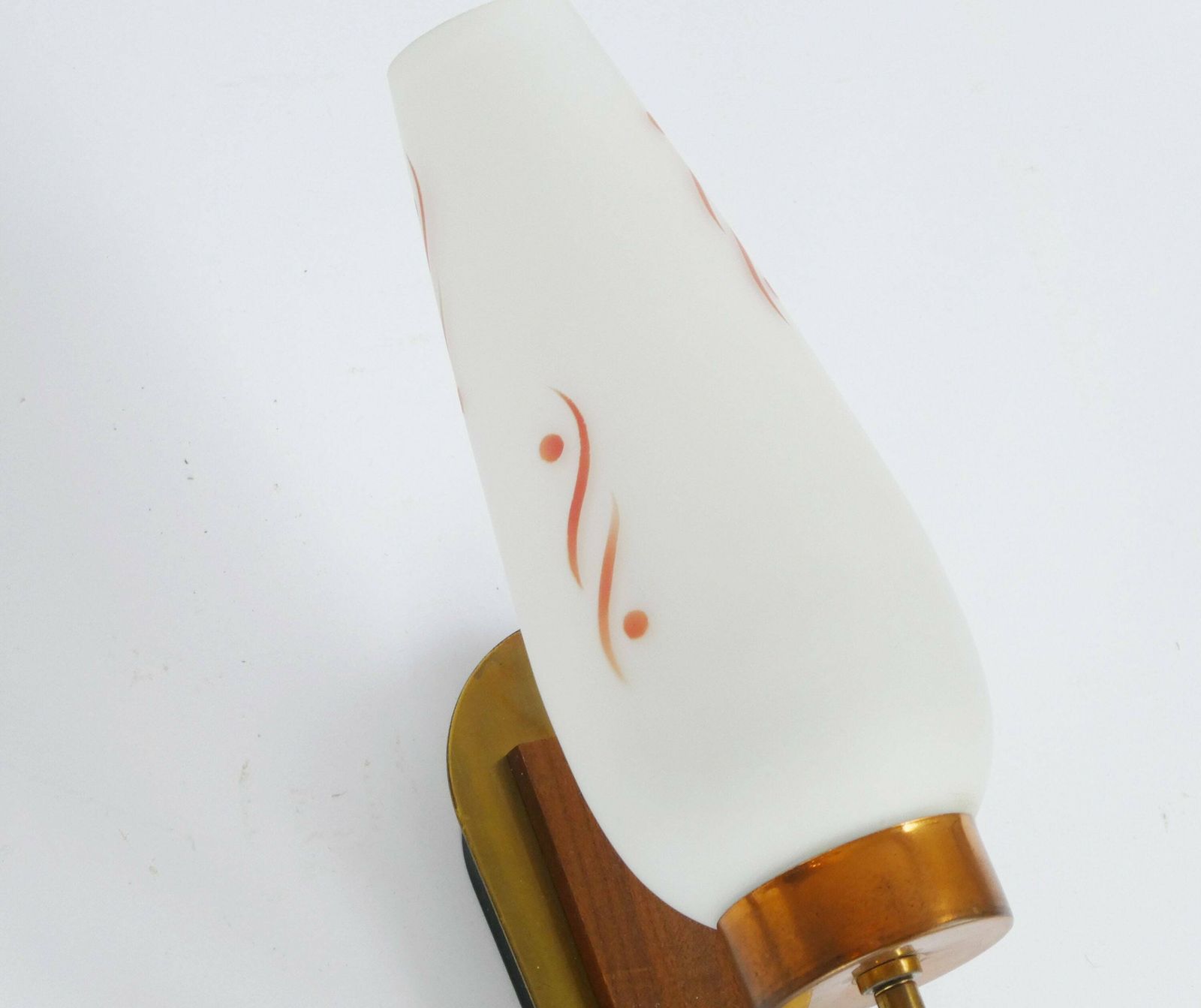 Scandinavian Design Mid Century Lamps With Glass Shade And Wood With Brass Details, Original Vintage Set Of Wall Lights, Glass 60's Lighting photo 198.0