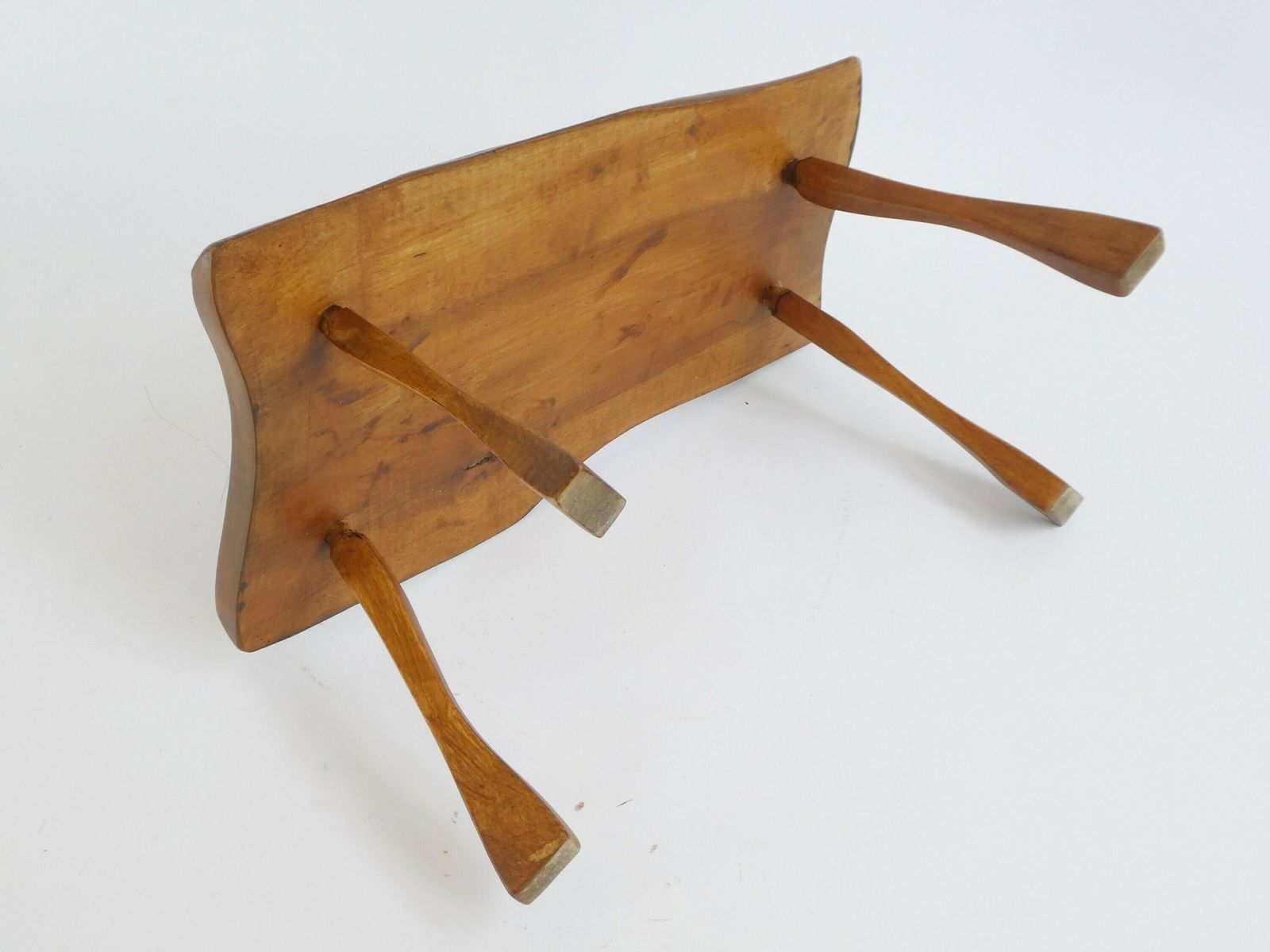 Primitive Wooden Small Vintage Stool On 4 Legs, Asymmetric Plant Stand, Primitive 60's Stool photo vinterior