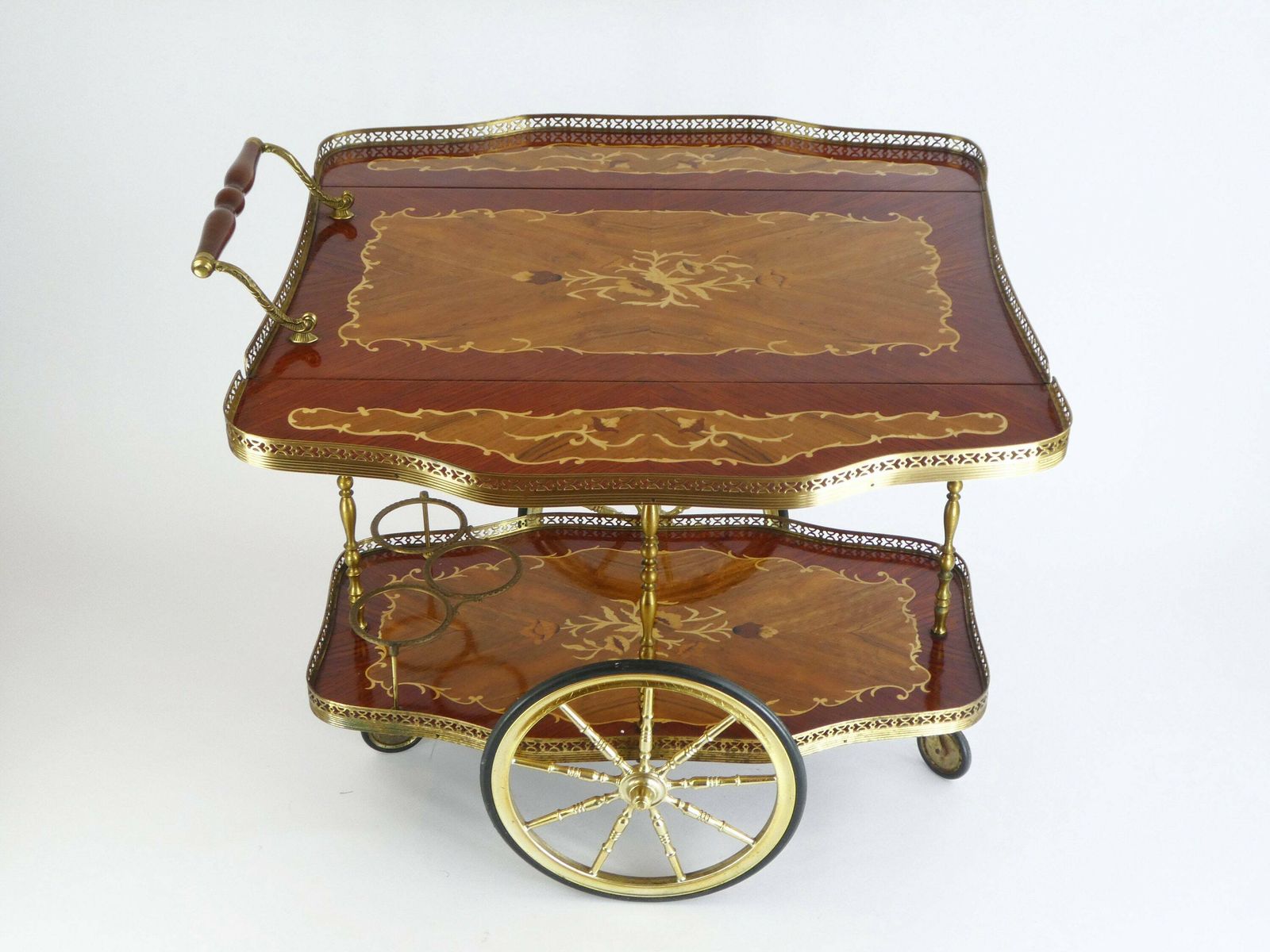 Italian Vintage Bar Cart Beautiful Inlaid Marquetry, Hollywood Regency Tea Cocktail Trolley, Serving Table Brass photo vinterior