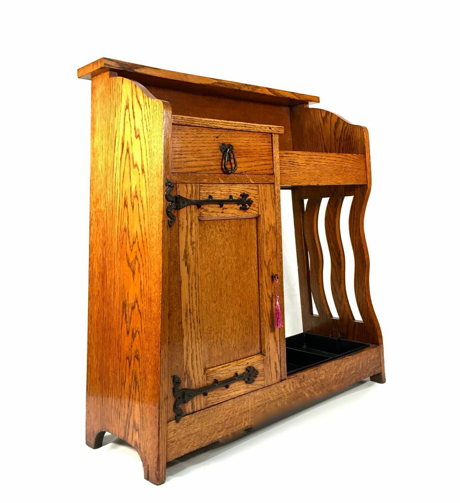 Antique Arts & Crafts Oak Entrance Hall Storage Cupboard Umbrella Stand C.1920 photo buy