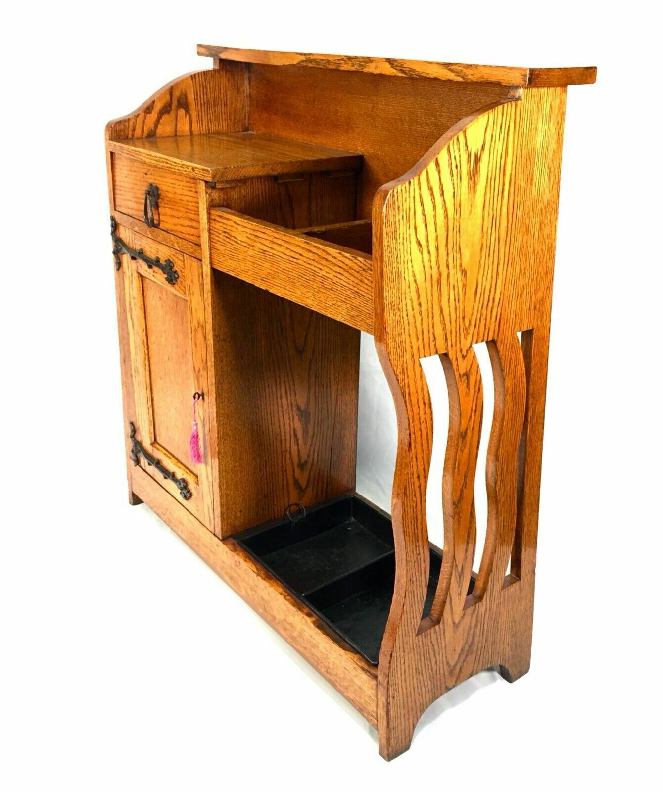 Antique Arts & Crafts Oak Entrance Hall Storage Cupboard Umbrella Stand C.1920 photo vintage