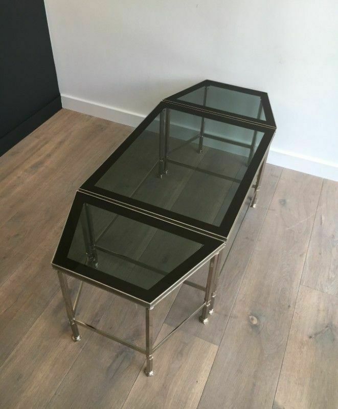 Rare Tripartite Nickel Coffee Table With Lacquered Glass Tops Around The Edge photo Furniture