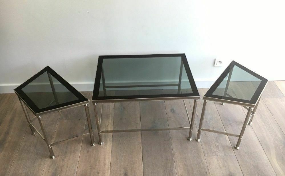 photo furniture Rare Tripartite Nickel Coffee Table With Lacquered Glass Tops Around The Edge