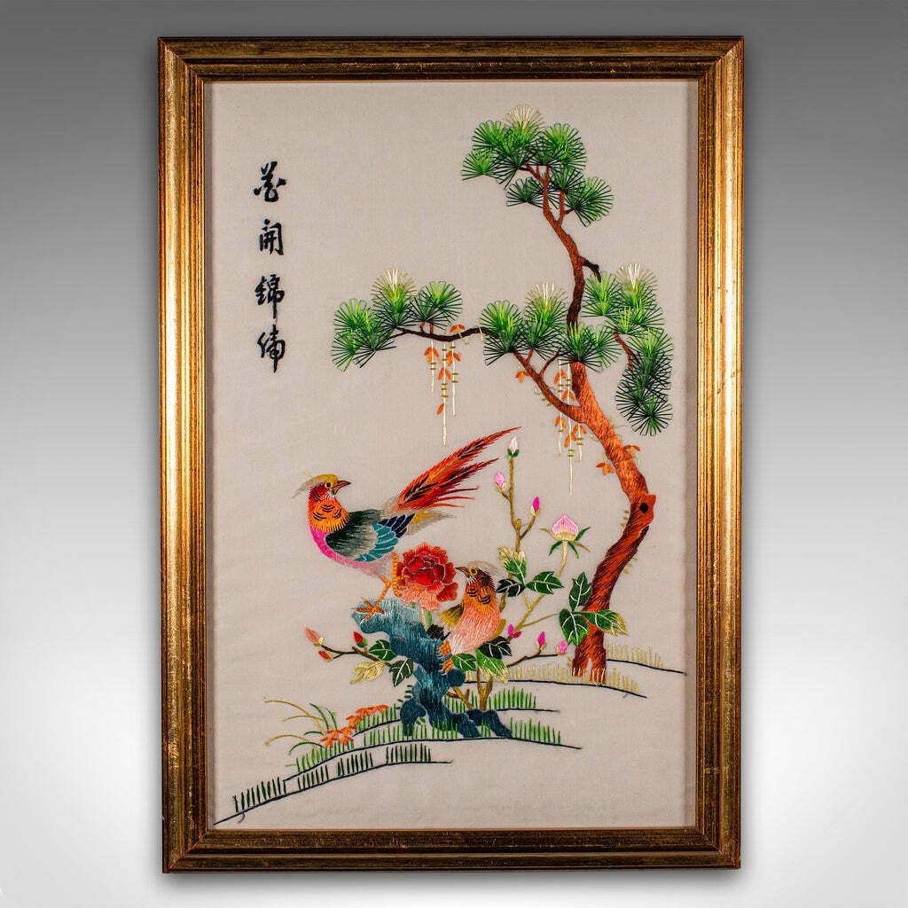 Vintage Embroidered Bird Panel  Korean  Silk Cotton  Embroidery  Art Deco  1930 photo furniture