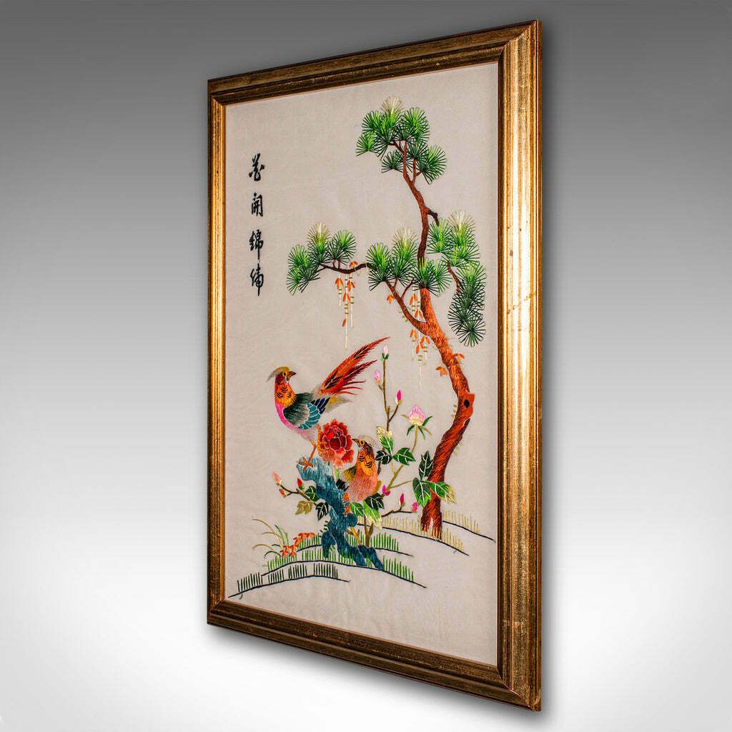 Vintage Embroidered Bird Panel  Korean  Silk Cotton  Embroidery  Art Deco  1930 photo for sale