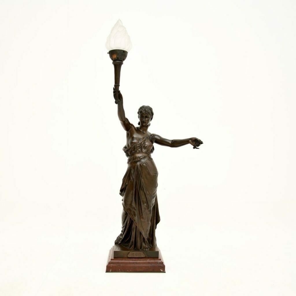 Antique French Bronze Lamp Figure ‘La Paix’ By Jean Jules Cambos