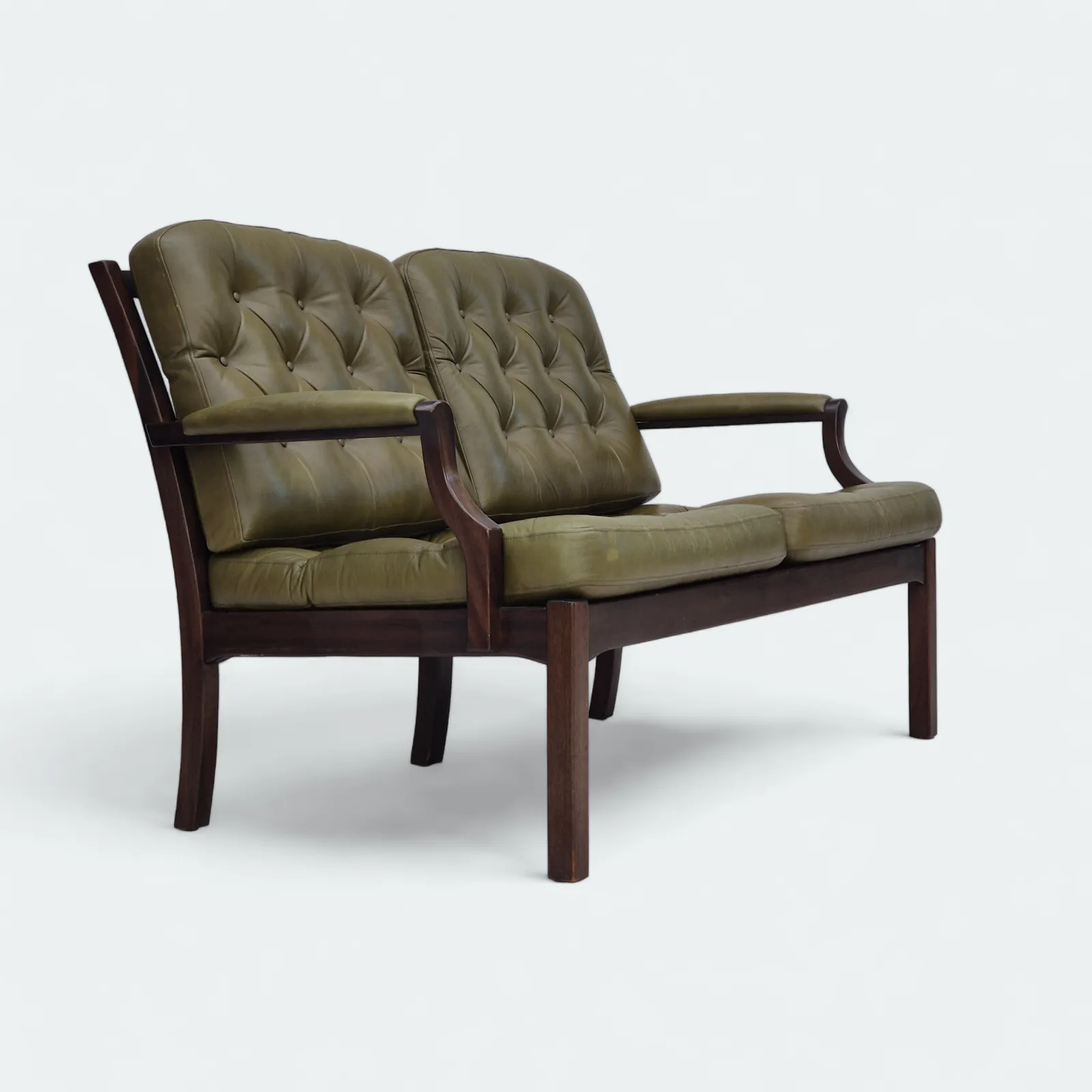 1970s, Scandinavian 2 Seater Sofa In Original Condition, Green Furniture Leather, Solid Teak Wood.