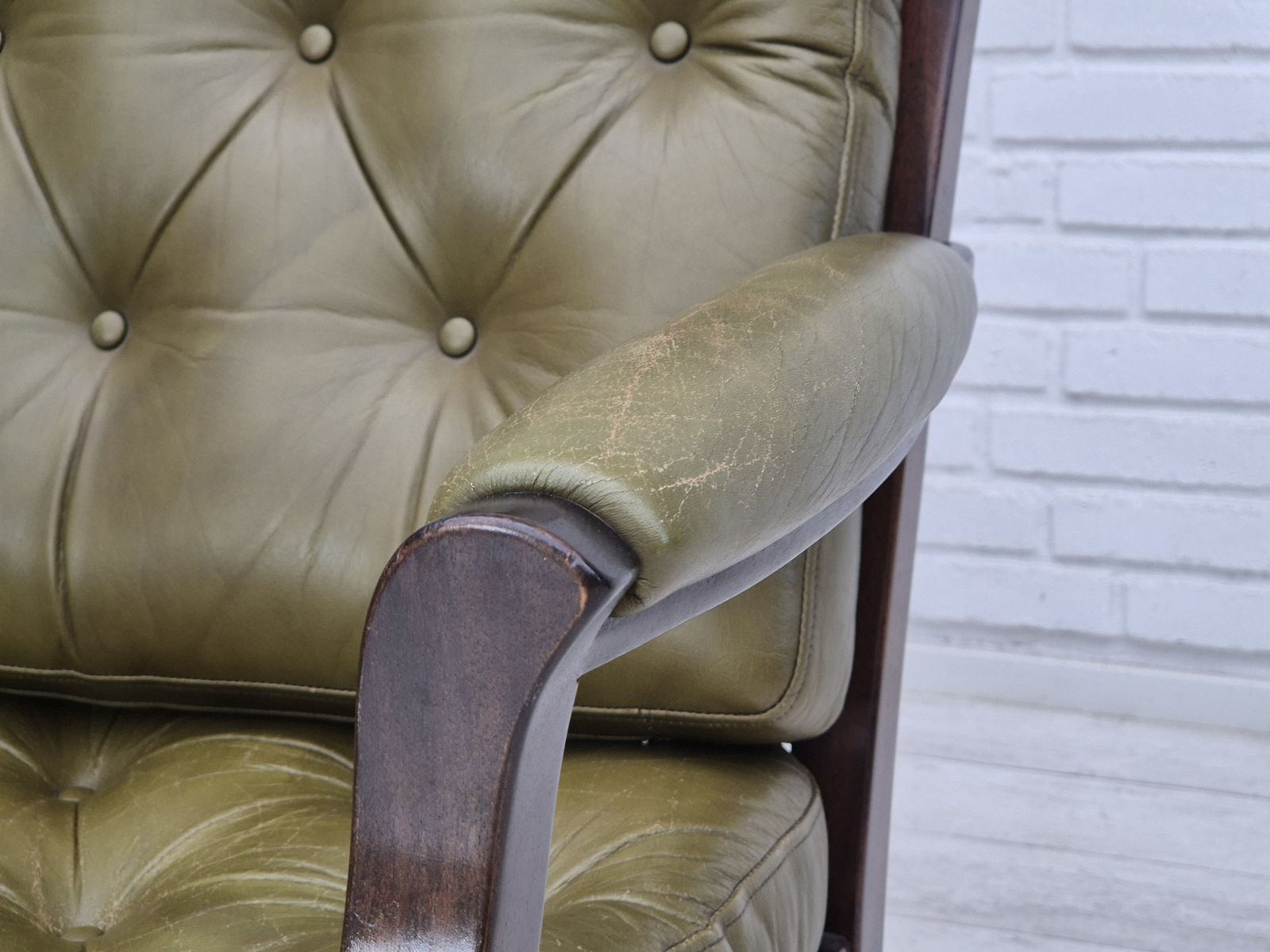 1970s, Scandinavian 2 Seater Sofa In Original Condition, Green Furniture Leather, Solid Teak Wood. photo furniture