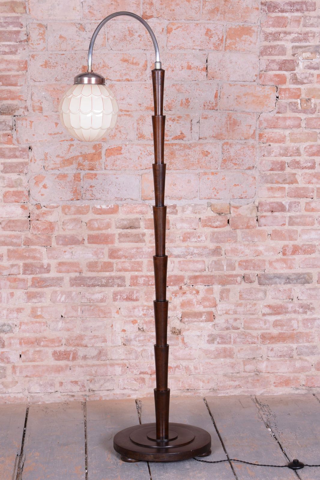 Restored Cubism Floor Lamp, Beech, Chrome, Milk Glass, Rewired, Czech, 1920s photo vintage