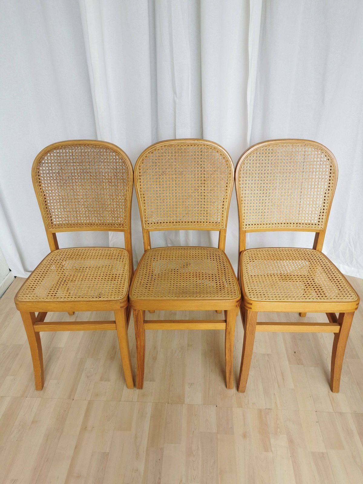 Set Of 3 Vintage Wooden Dine Chairs With Cane Seat And Cane Backrest / Mid Century Dining Room Furniture / Yugoslavia 1970s / Wicker Mash photo furniture