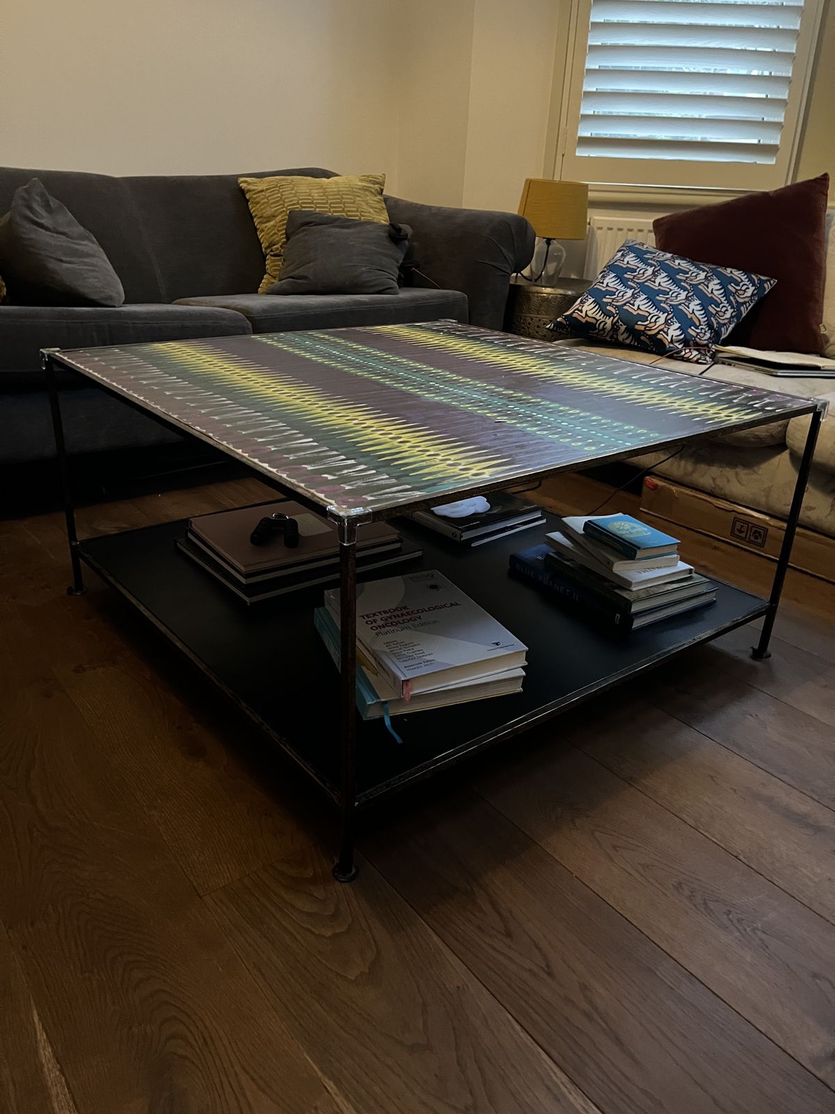 Anthropologie Iron Coffee Table, Beautiful Hand Painted Ikat Tabletop