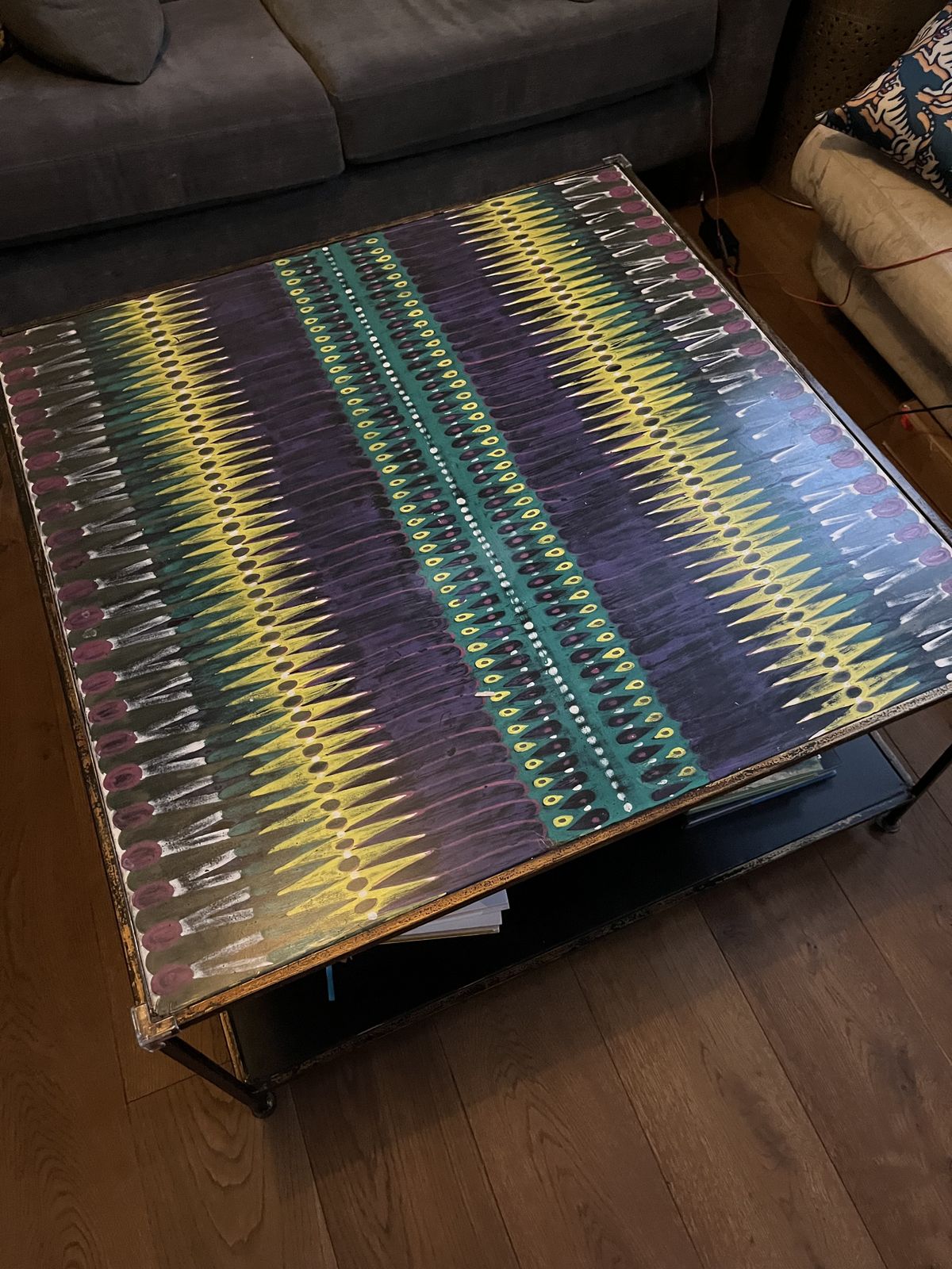 Anthropologie Iron Coffee Table, Beautiful Hand Painted Ikat Tabletop photo furniture
