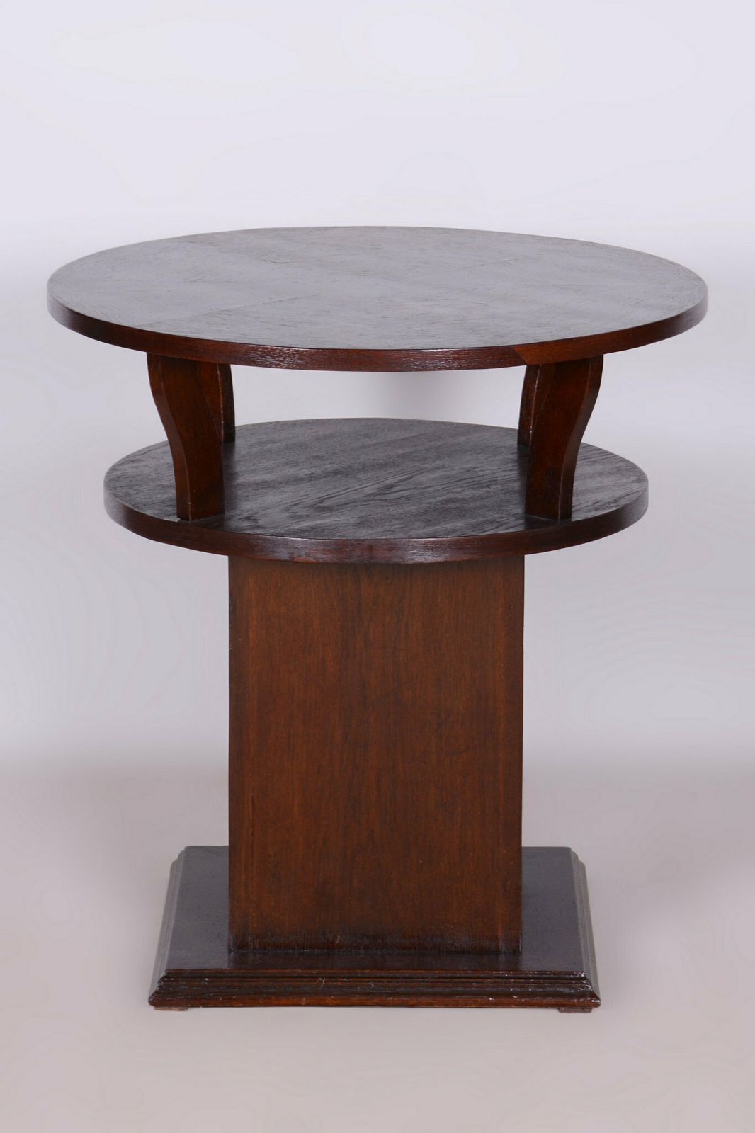 Restored Art Deco Round Small Table, Oak, Veneer, Czech, 1920s photo vintage