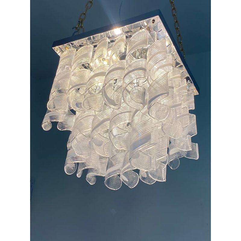 Contemporary Trasparent And White "Ricci Curles" Murano Glass In Mazzega Style Squared Flush Mount photo vintage