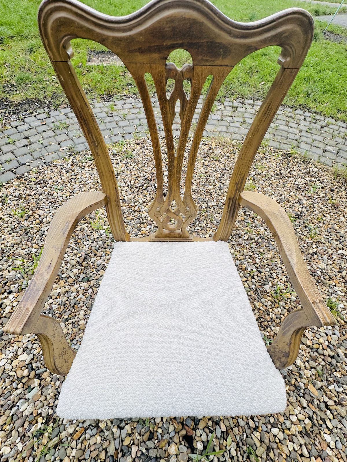 Upholstered Antique Queen Anne Style Carver Oak Chair In Boucle photo for sale