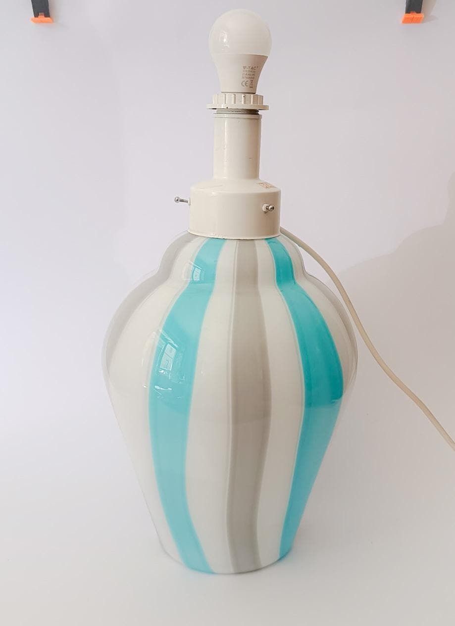 Large Table Lamp In White Murano Glass With Gray And Blue Bands, Vintage La Murrina 2 Lights
