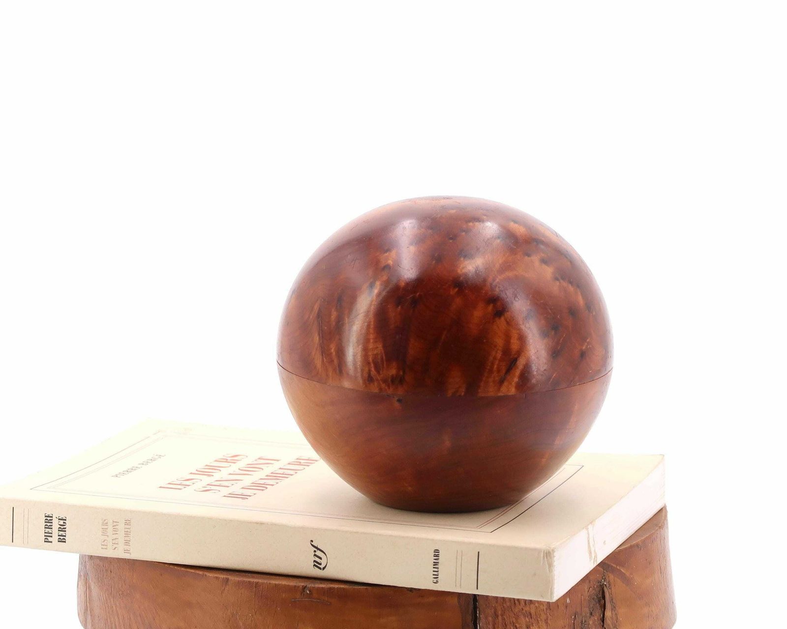 French Olive Tree Wood Sphere Box, 1970s / Jewelry Case, Ring Dish, Wooden Sculpture, Geometrical Shapes