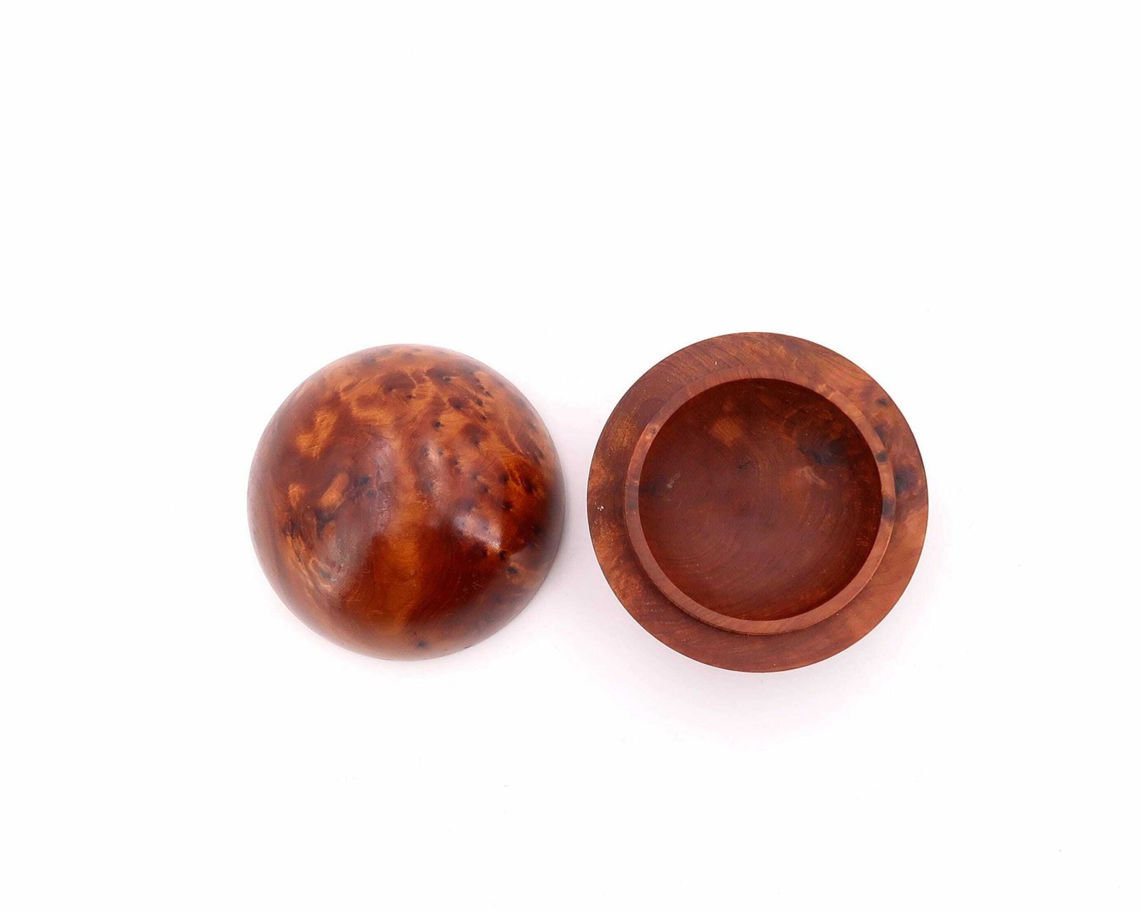 French Olive Tree Wood Sphere Box, 1970s / Jewelry Case, Ring Dish, Wooden Sculpture, Geometrical Shapes photo vinterior