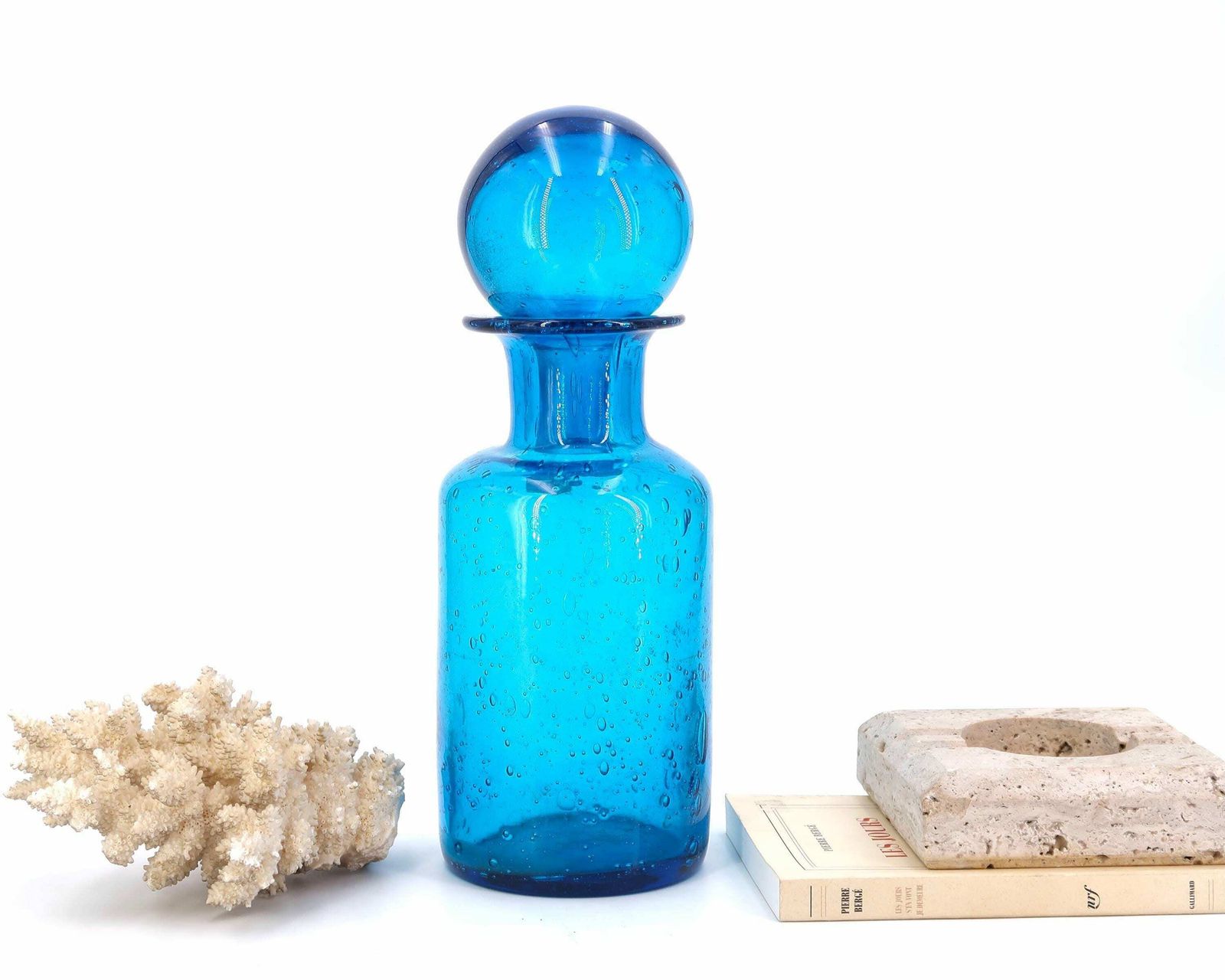 French Blue Glass Decanter Bottle From Portieux, 1970s / France, Nicolet Orléans