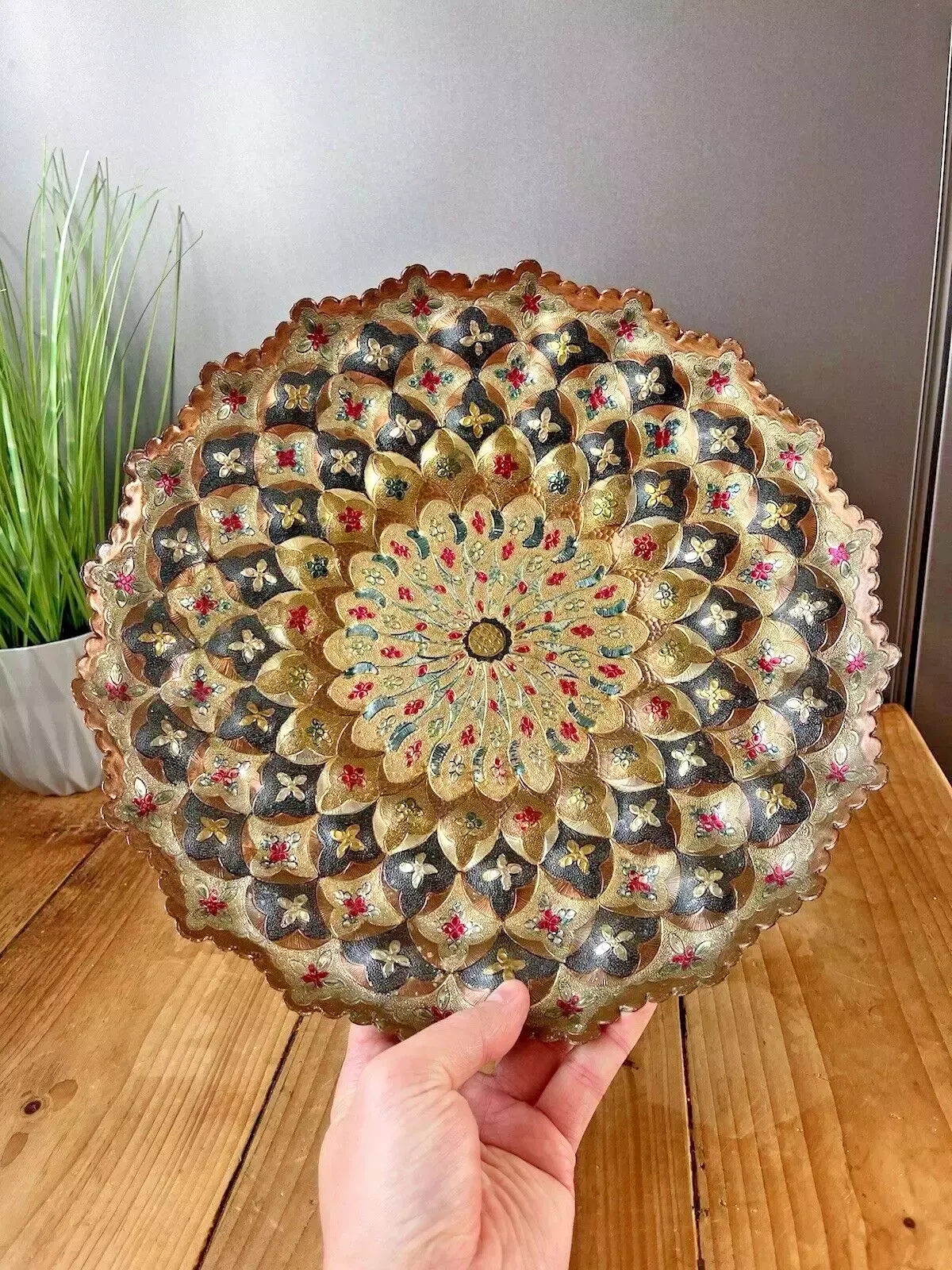 photo furniture Vintage Indian Copper Floral Wall Plaque Plate Dish Multicoloured Boho Bohemian
