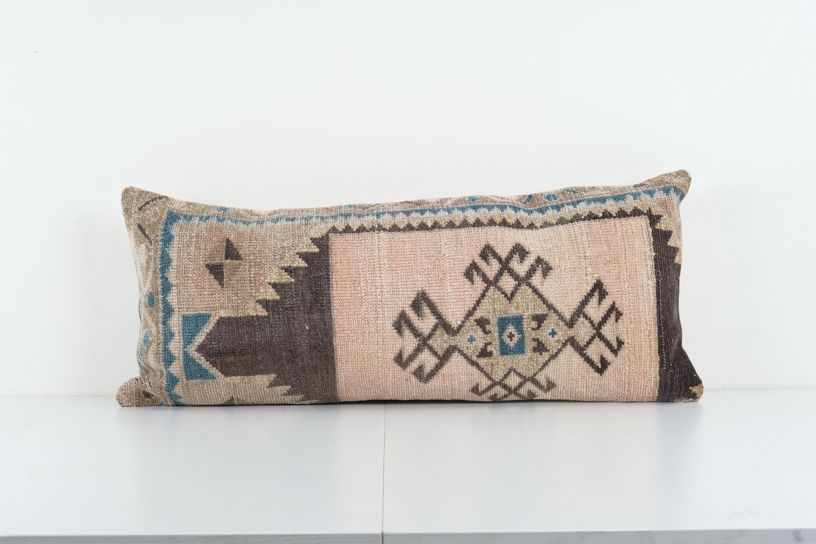 Vintage Turkish Carpet Bedding Pillow Cover, Tribal Design Anatolian Cover, Old Pale Lumbar Pillow