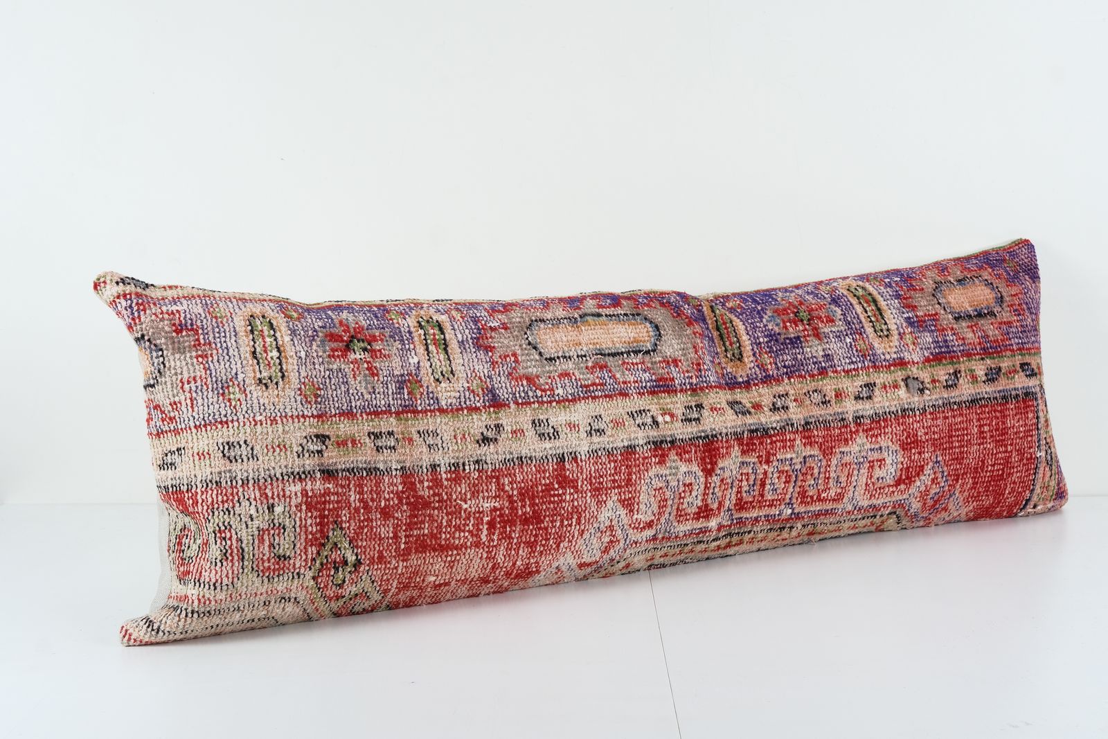 Extra Long Wool Lumbar Pillow Cover With Pastel Color, Turkish Wool Red Bedding Carpet , Tribal Farmhouse Decor photo for sale