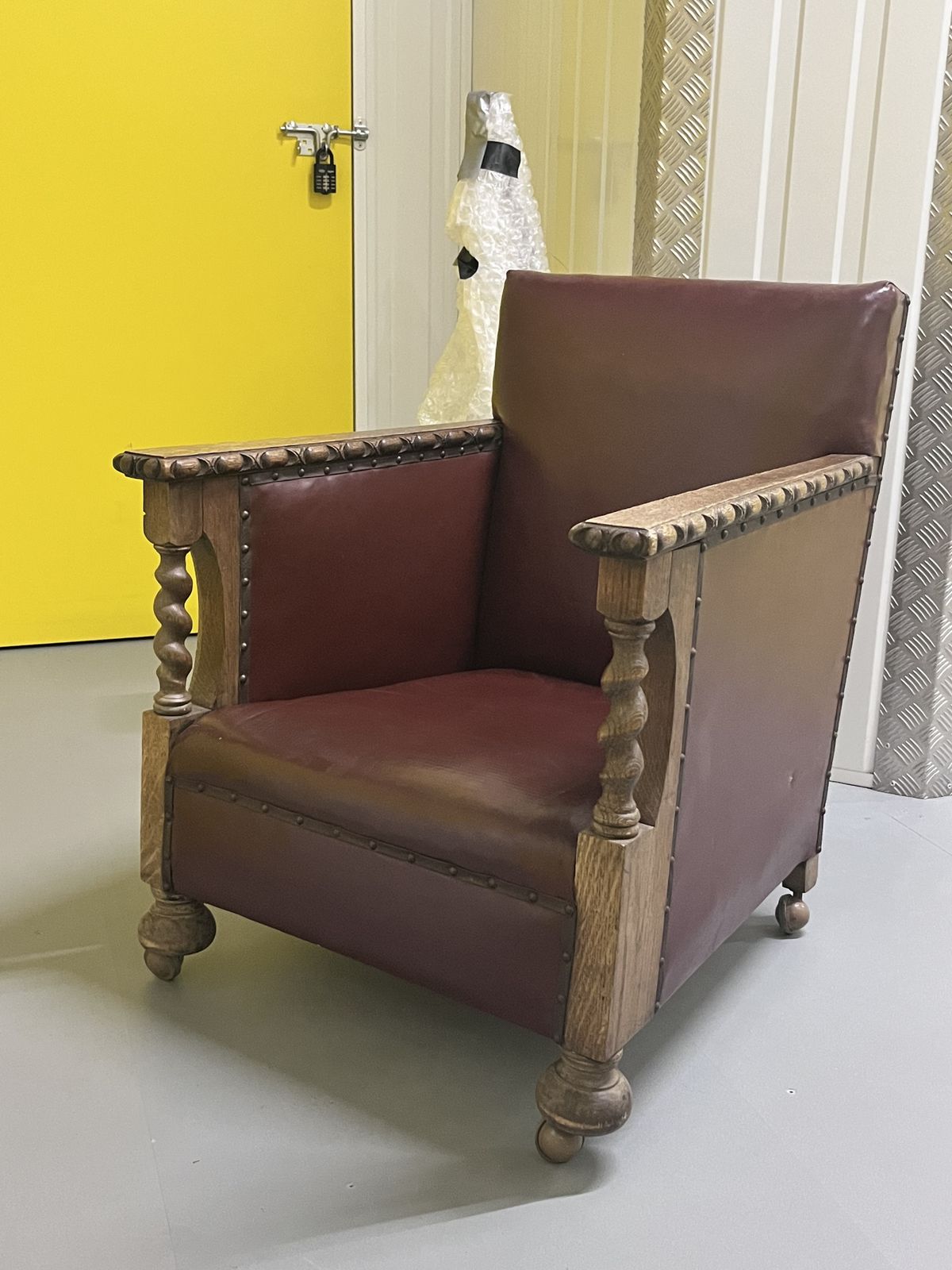 Late Edwardian Arm Chair, Unique Wood Carving And Brown Leather