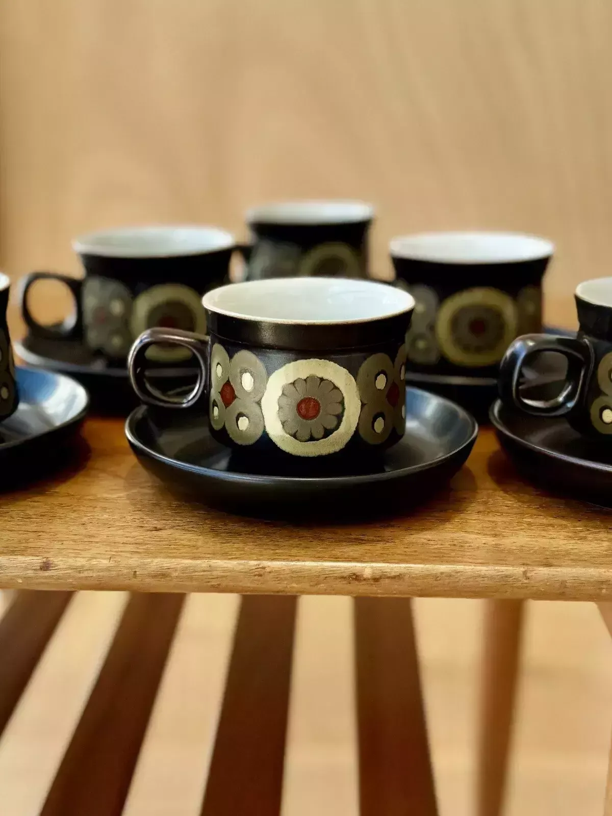 6 X 1960’s Denby Arabesque Coffee Cups And Saucers By Gill Pemberton