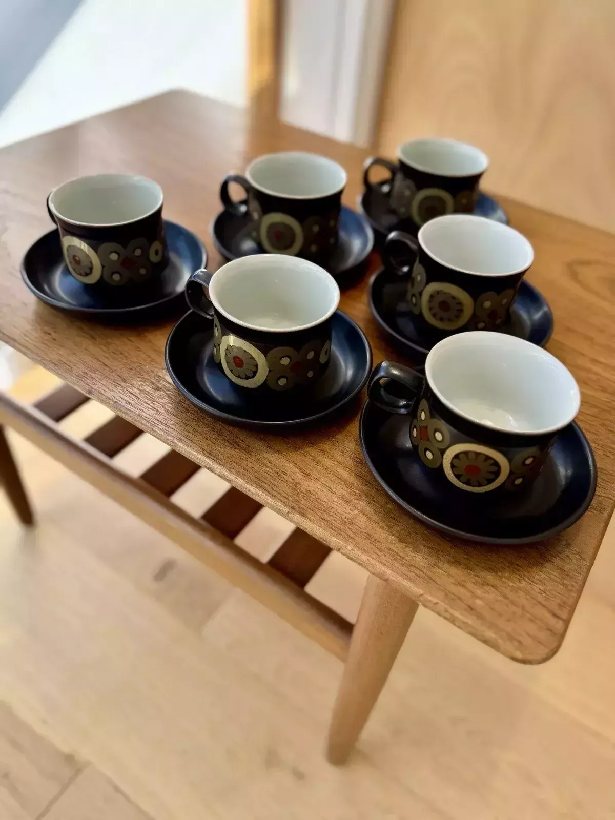 6 X 1960’s Denby Arabesque Coffee Cups And Saucers By Gill Pemberton photo for sale