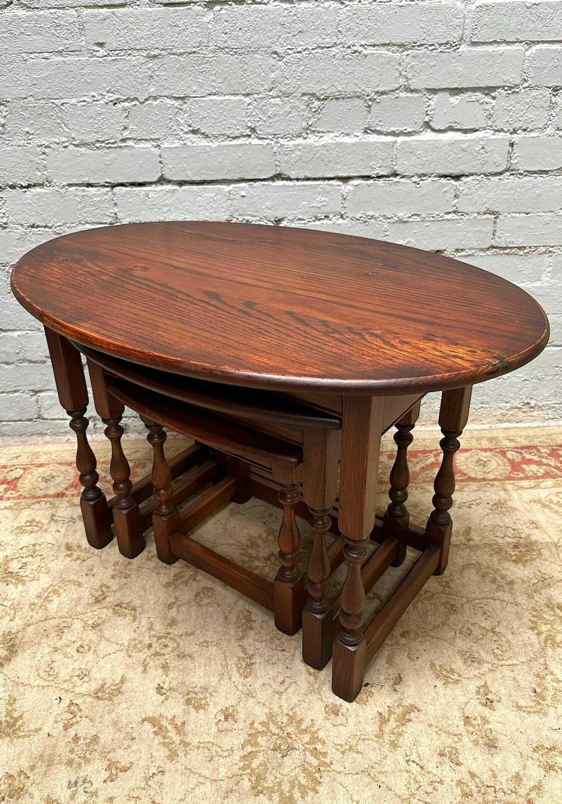 Vintage Old Charm Wood Bros / Oval Oak Nest Of 3 Tables / Tudor Brown photo 240.0