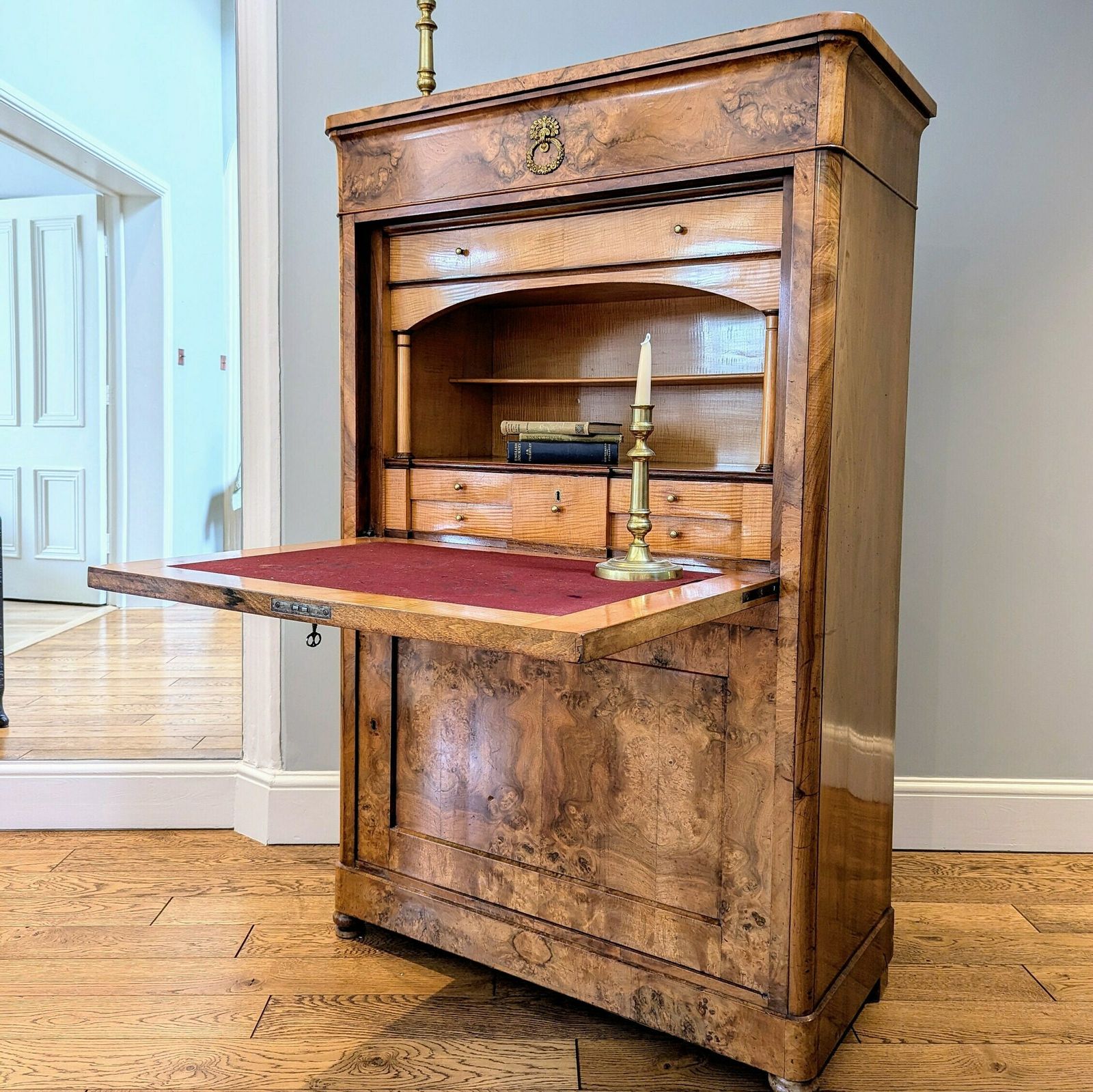 An Antique Biedermeier Period Burr Walnut Secretaire Desk With Drop Front C1840 photo vintage