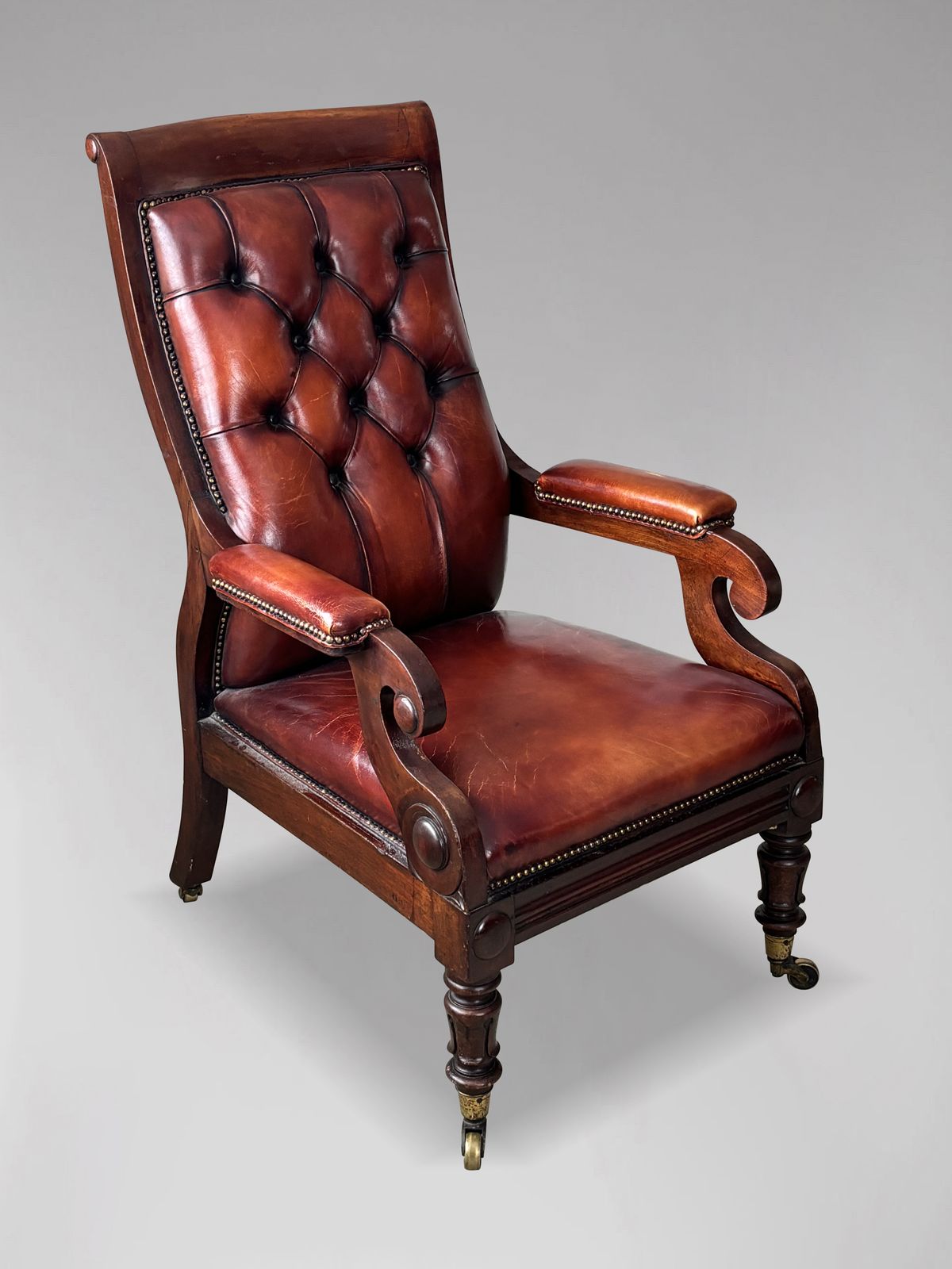 19th Century William IV Period Mahogany & Leather Library Armchair