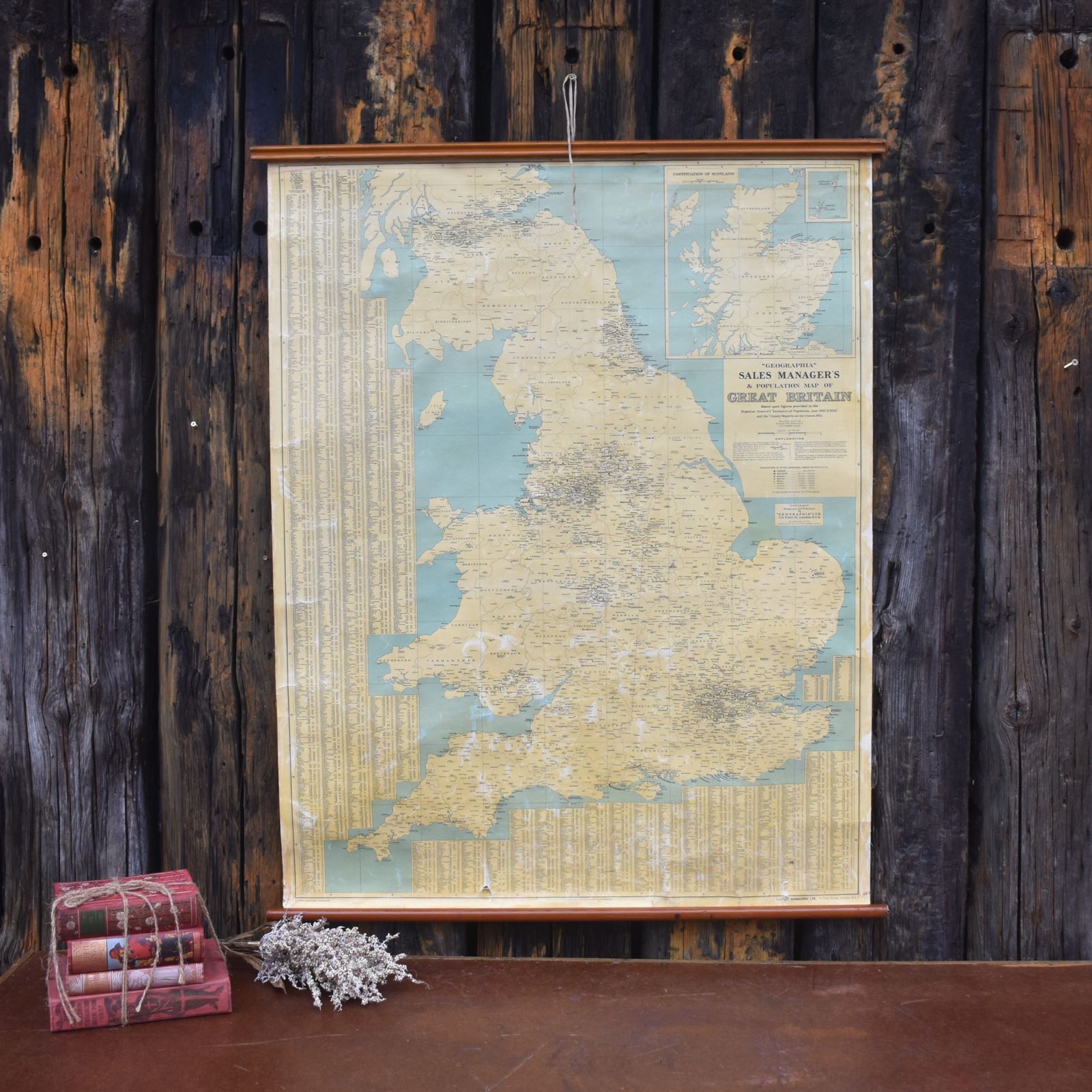 Vintage 1950's Geogriphia Sales Manager's Population Poster Map Of Great Britain