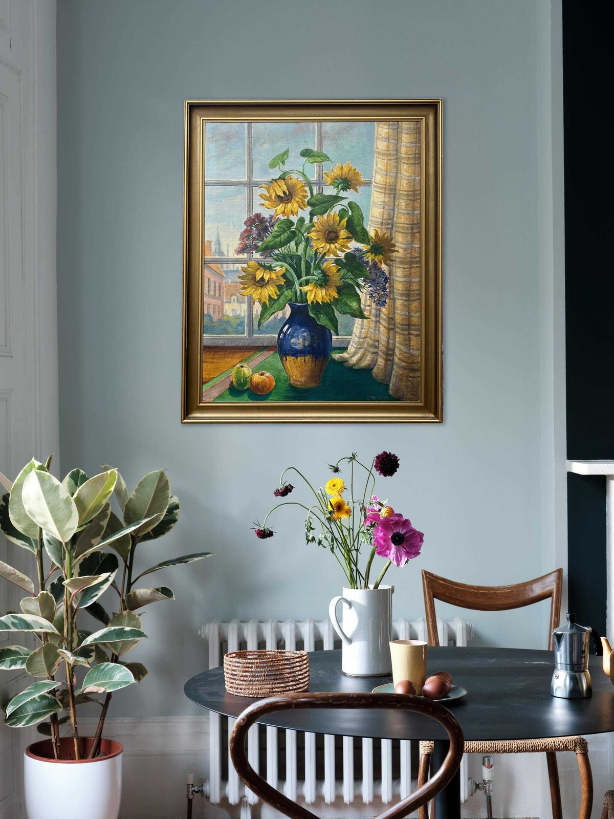 Framed Oil On Canvas C1947 Still Life Sunflowers In Vase Next To Window   Artist F. Augustinus photo buy