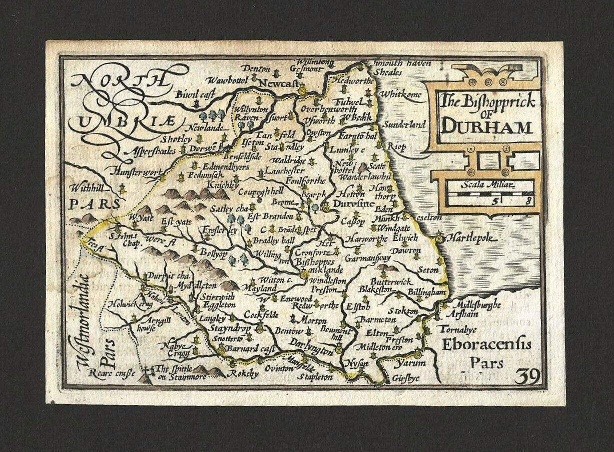 County Durham ~ Miniature Map By Peter Van Den Keere After John Speed 1627