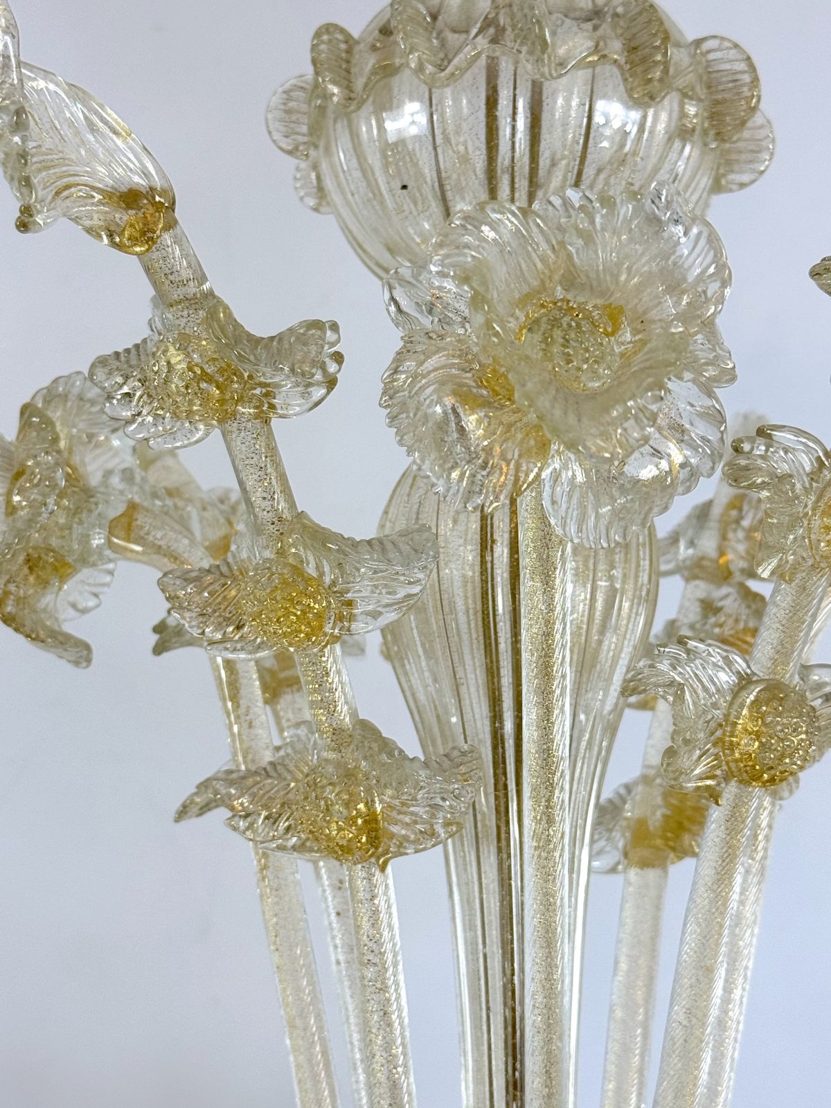 Pair Of Italian Murano Gold Dusted Chandeliers From 50s. photo for sale