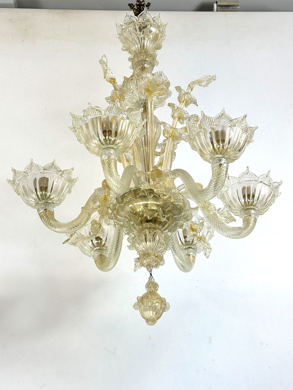 Pair Of Italian Murano Gold Dusted Chandeliers From 50s. photo vinterior