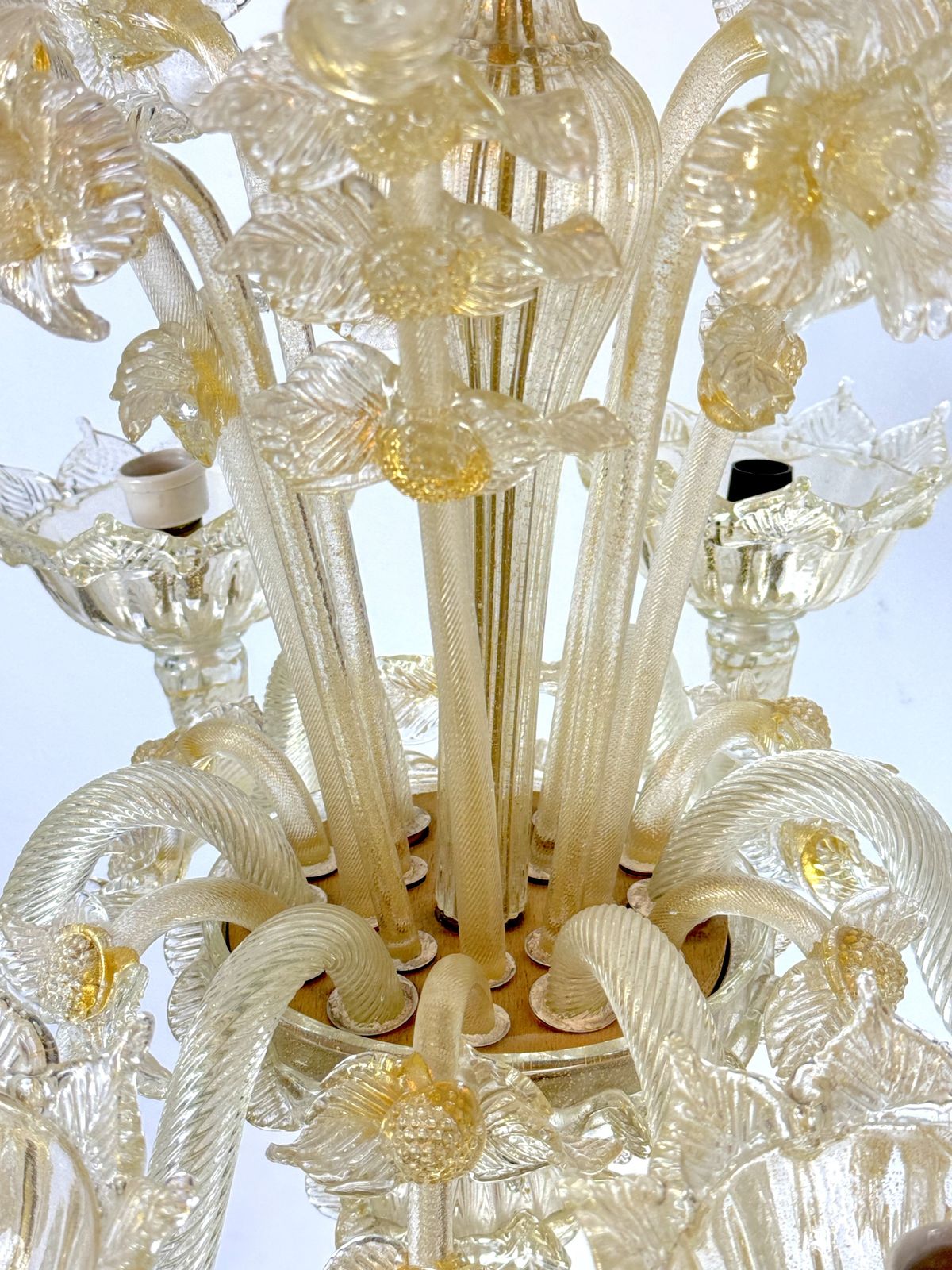 photo for sale Pair Of Italian Murano Gold Dusted Chandeliers From 50s.