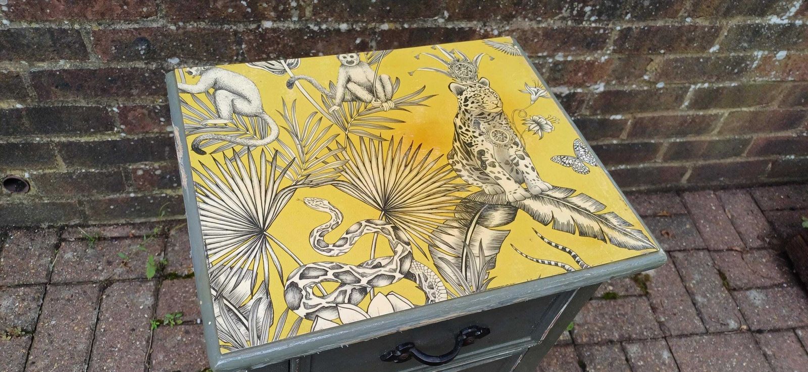 Quirky Painted Shabby Chic Bedside Cupboard With Jungle Wildlife Snake Tiger Monkey Decoupage photo for sale