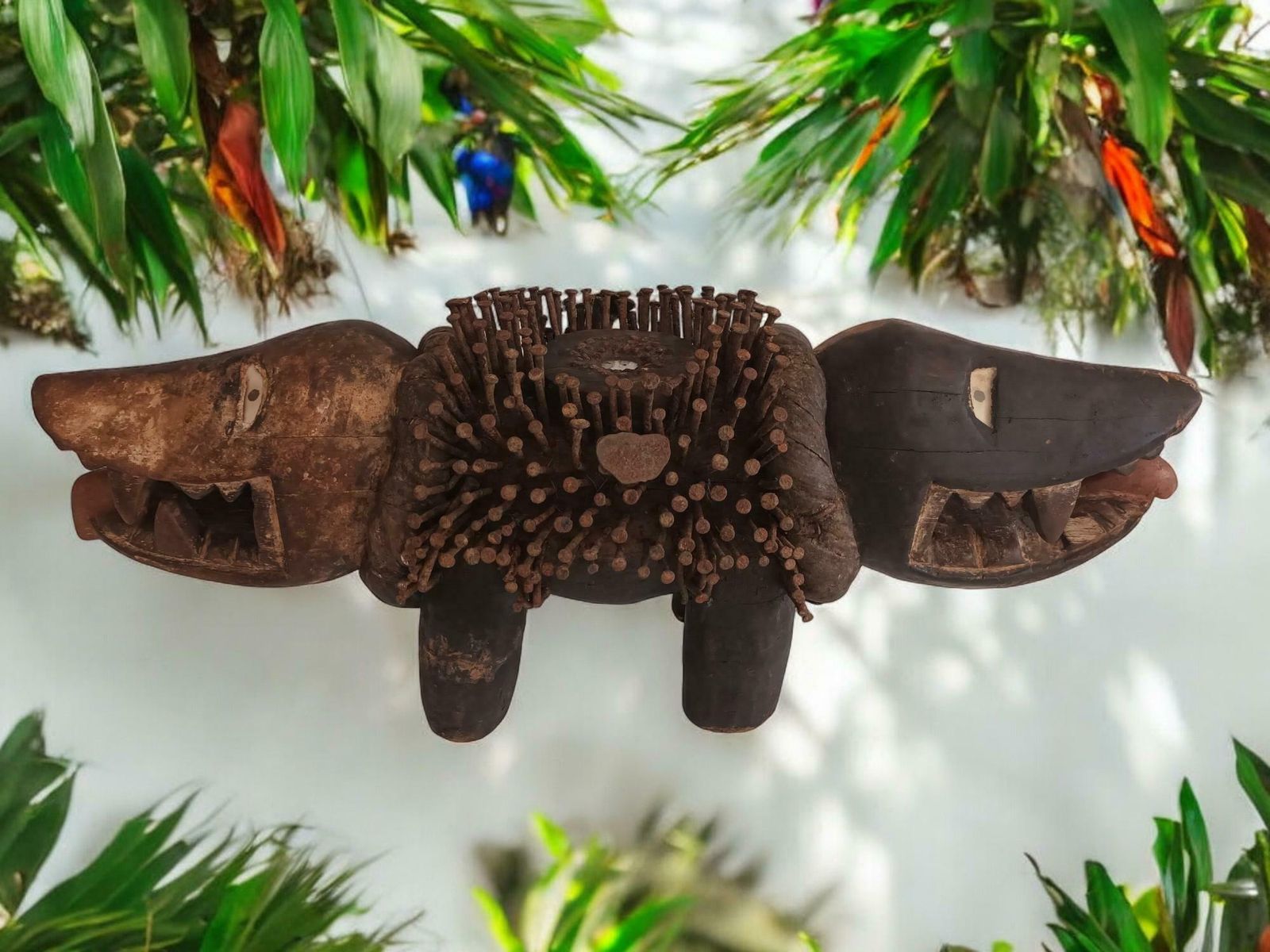 Antique Large Bakongo Dog Kozo Fetish Double Headed Congo Tribal Vintage Decorative Art Protective Figure Sculpture photo for sale