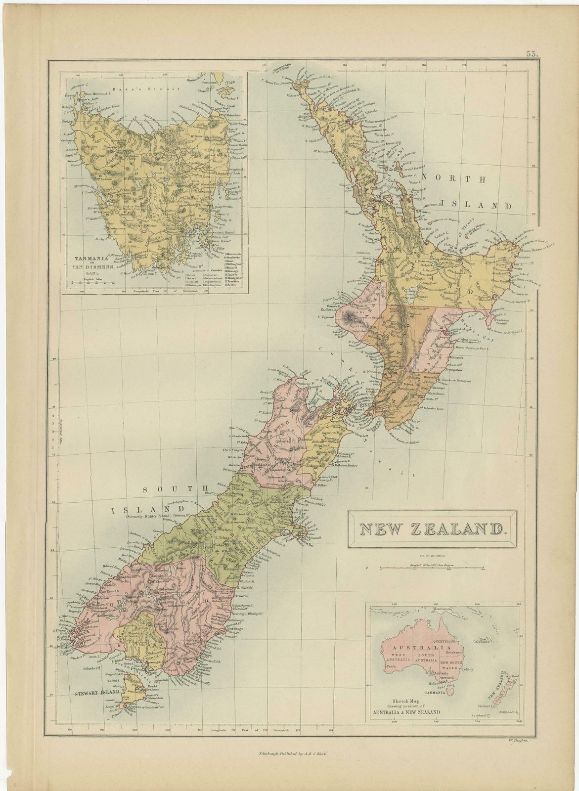 Antique Map Of New Zealand By A & C. Black, 1870 photo Art