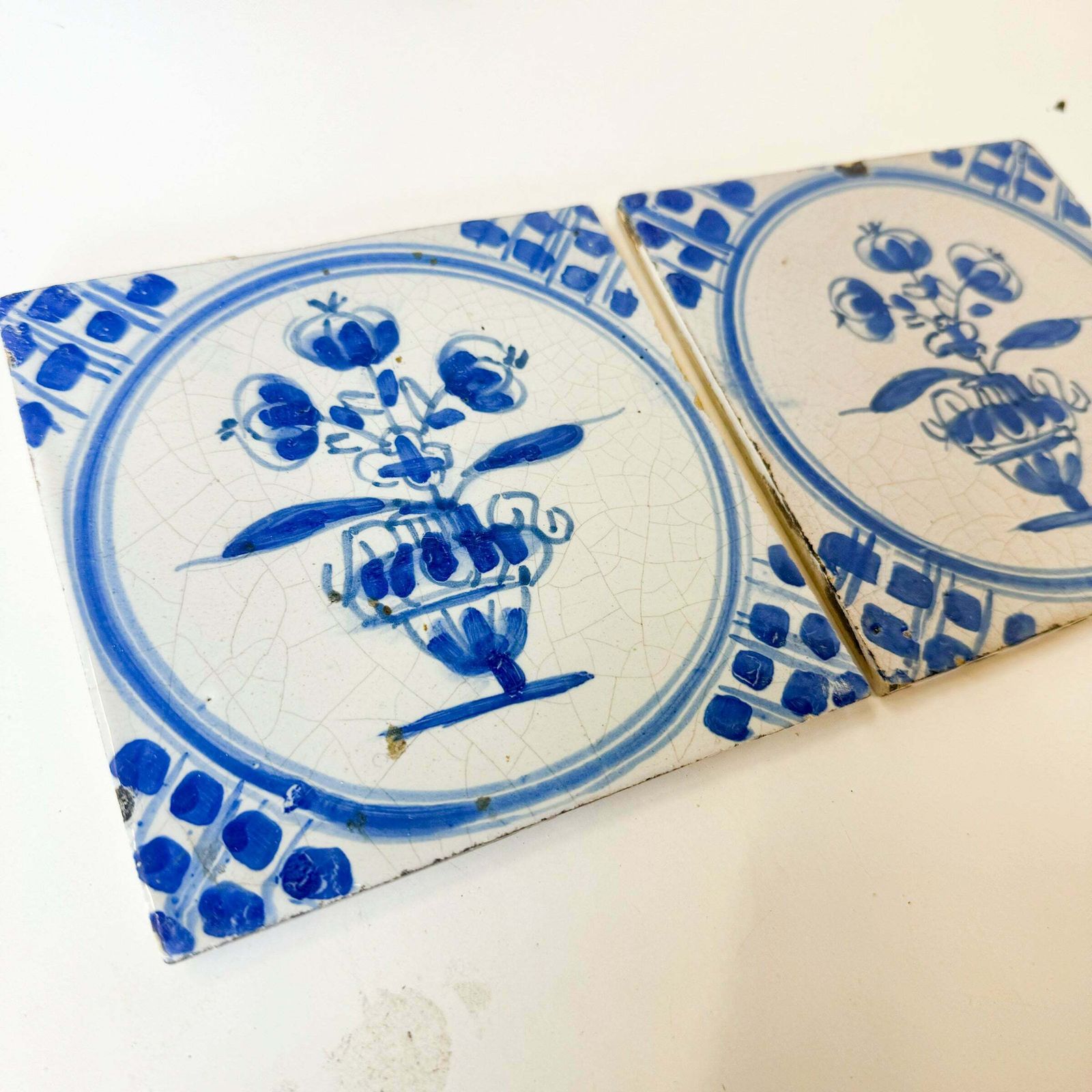 Set Of 2 Antique 18th Century Dutch Delft Floral Tiles photo furniture