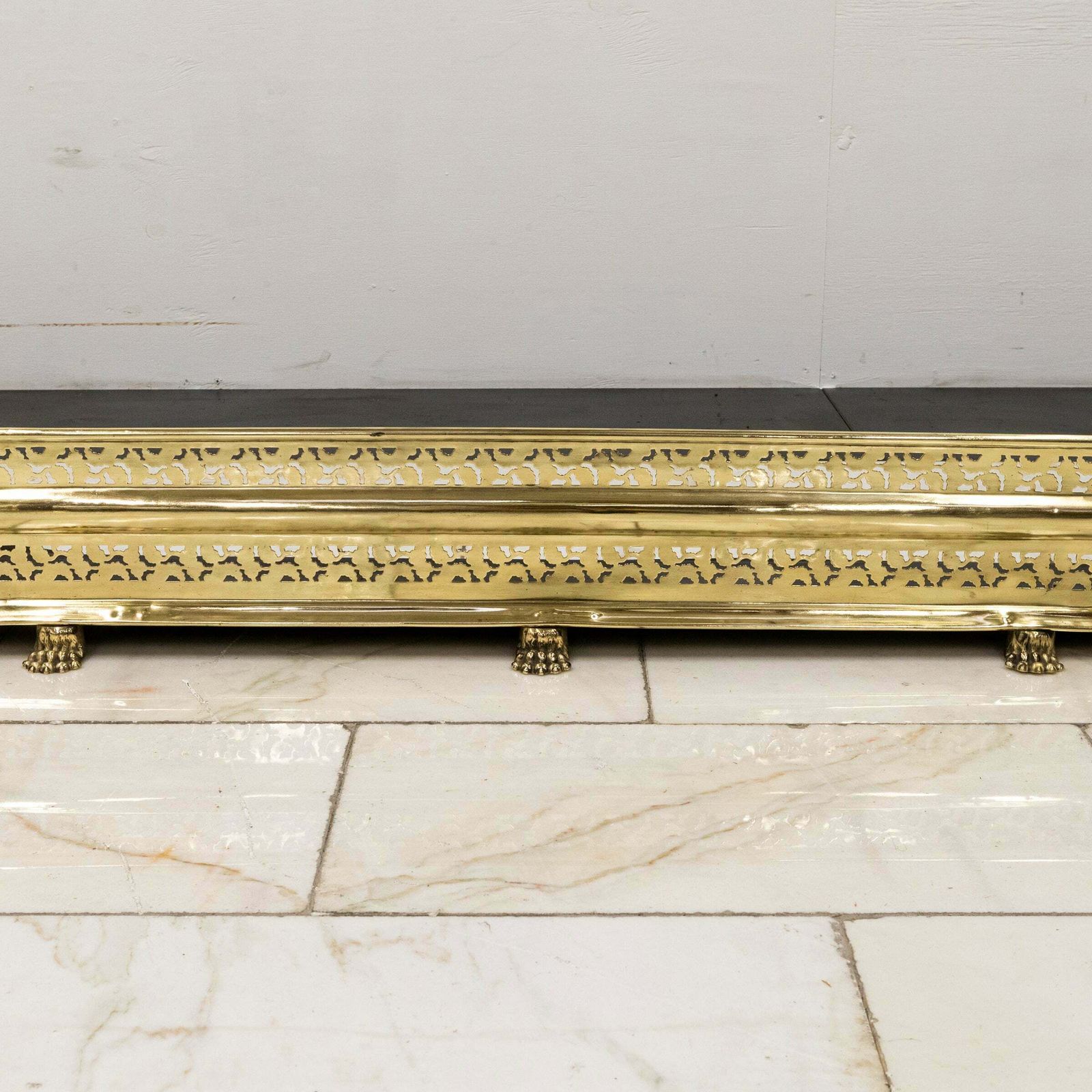 photo for sale Antique Brass Fireplace Fender With Lion's Paw Feet