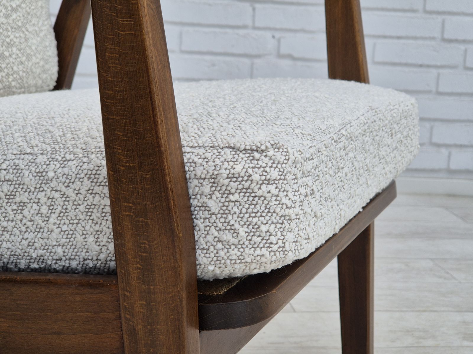 1960s, Danish Armchair, Refurbished In Quality White/Grey Furniture Fabric, Beech Wood. photo furniture