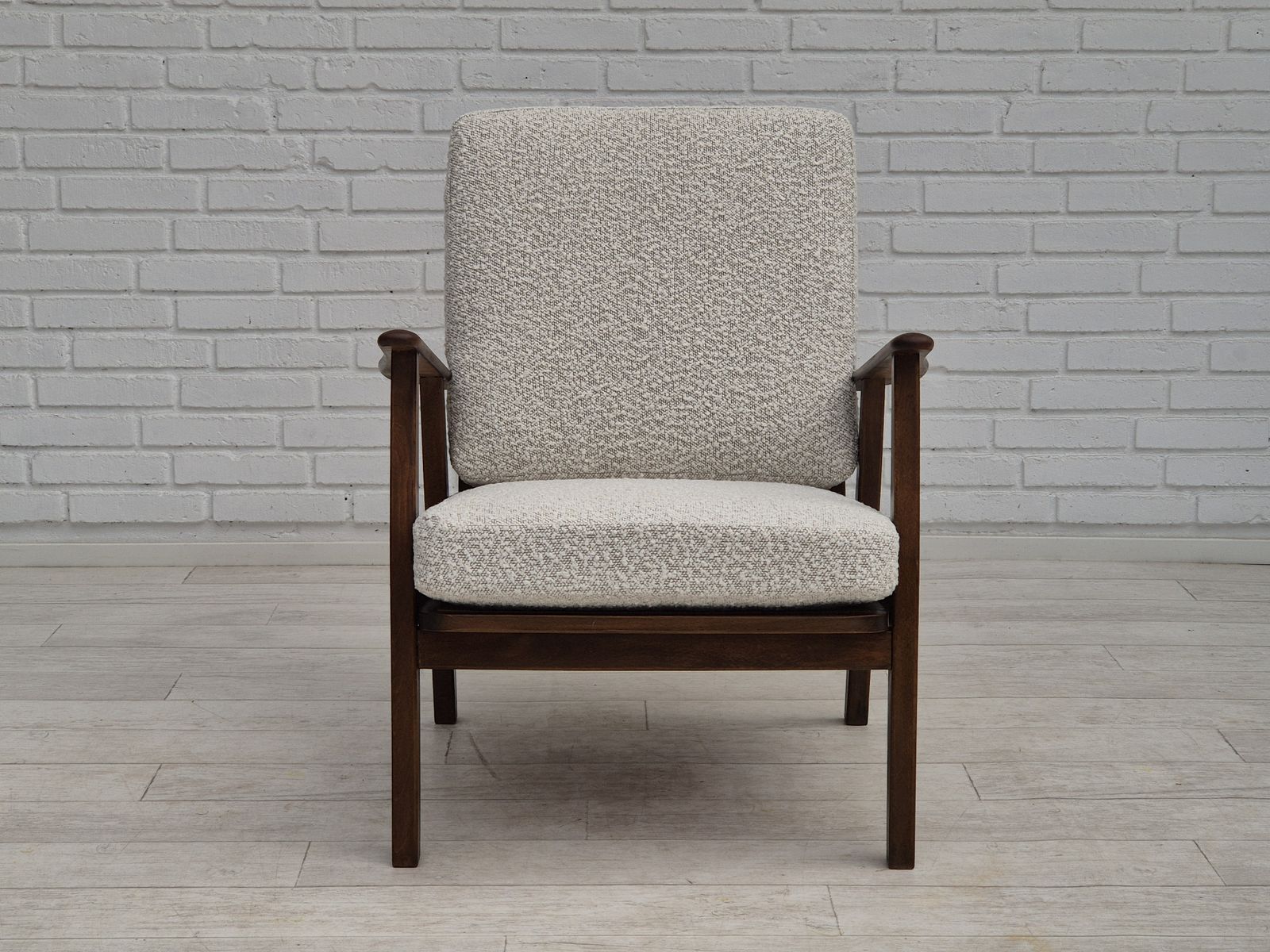1960s, Danish Armchair, Refurbished In Quality White/Grey Furniture Fabric, Beech Wood. photo vinterior