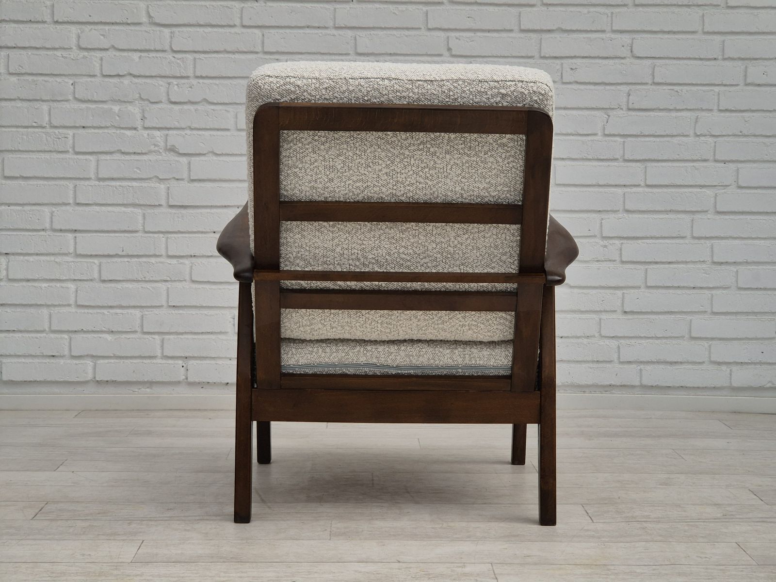 Furniture 1960s, Danish Armchair, Refurbished In Quality White/Grey Furniture Fabric, Beech Wood. photo