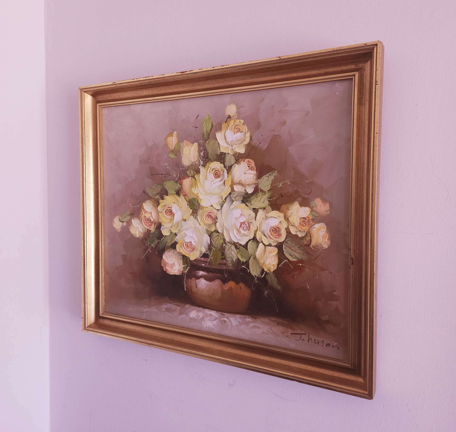Large, Framed Floral Oil On Canvas Of Yellow Roses Signed By Artist C.Johnson photo furniture