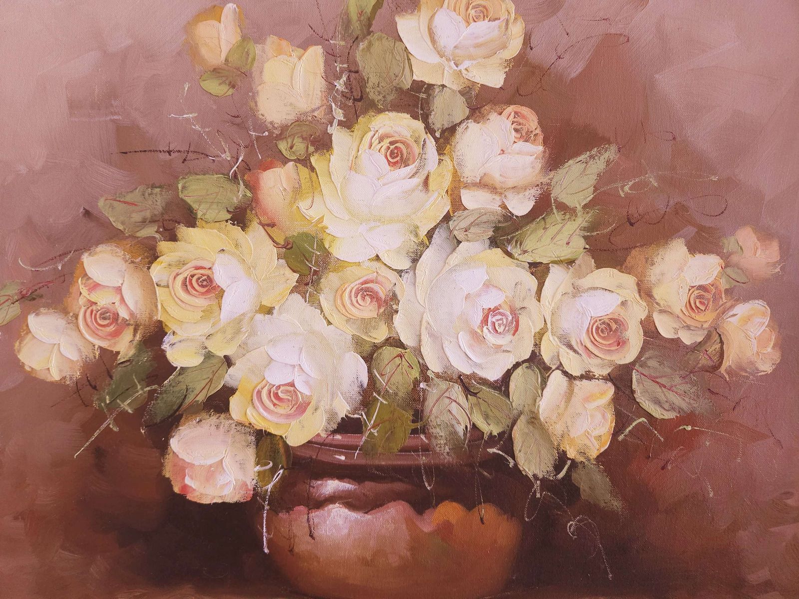Large, Framed Floral Oil On Canvas Of Yellow Roses Signed By Artist C.Johnson photo Art